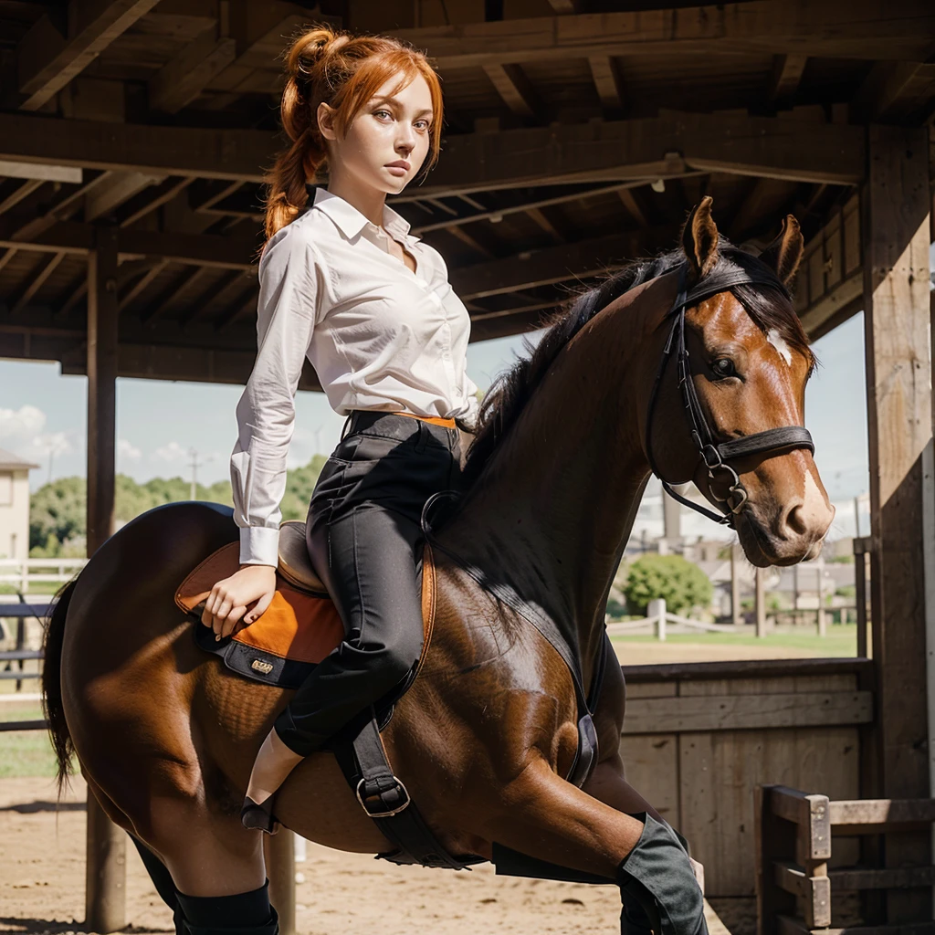 An anime girl with violet eyes and orange hair tied in a ponytail, wearing equestrian clothing, an elegant shirt, long black pants, and long boots, riding on her horse.