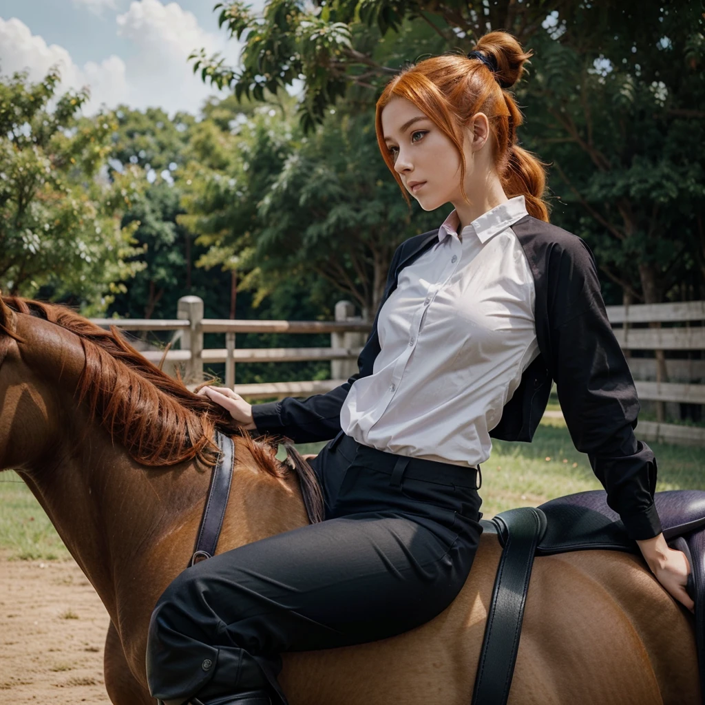 An anime girl with violet eyes and orange hair tied in a ponytail, wearing equestrian clothing, an elegant shirt, long black pants, and long boots, riding on her horse.
