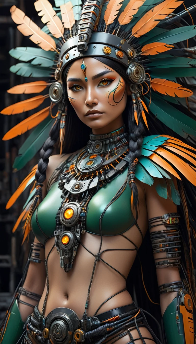 In a dystopian landscape of dark, bleak machinery, a hyper-realistic oil painting reveals a stunning beauty. A native American war bonnet adorns her majestic head, as wires and circuitry snake across her full-body, like a living, breathing entity. Her face, a masterpiece of perfect proportions, glows with golden light, illuminating the vibrant greens and orange hues that dominate her cybernetic skin.