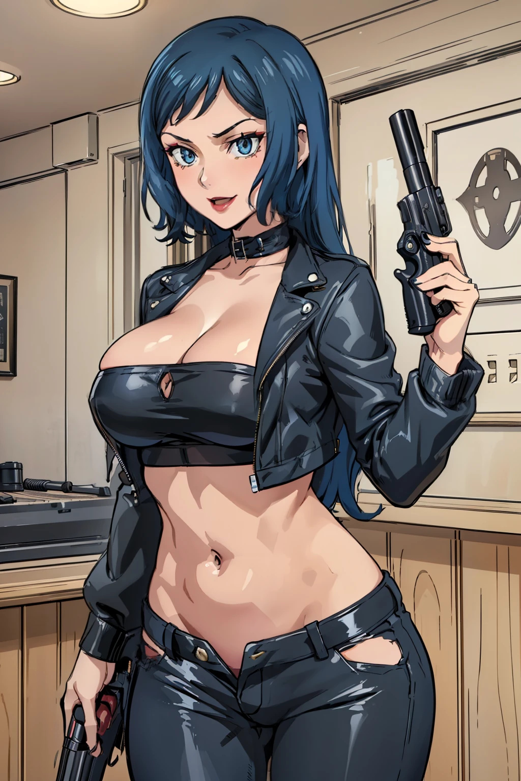  1girl (rinko_iori, Slender and sexy body, huge breasts, wide hips, dark blue hair, long wave hair, blue eyes, evil face, smirk ,parted lips, mascara, full makeup, red lipstick, standing, sexy waist teasing, blush, lipstick,Hot girl, baddie, bad attitude, mean girl, crazy, smoking, sensual, attractive , bar background, inside bar, indoor, masterpiece, best quality, highly detailed, a girls with a gun, evil smile , open mouth, sexy gaze, badass pose , evil smile, smile, guns blazing, anime girl with long hair, beautiful long haired girl, navel, evil expression, exposed belly, exposed navel, exposed midriff, exposed lower belly, long black pants, crop top, cleavage, unbuttoned leather pants ,open fly, low rise black leather pants, leather jacket, holding a gun, holding pistol,