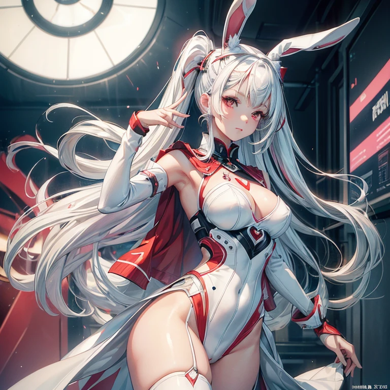((ultra realisitic)), ((picture-perfect)), ((face perfect)), ((ultra detaild)), ((fully body)), ((perfectbody)),a girl with bunny ears and white hair with red eyes, wearing sexy fantastic clothes, fully body