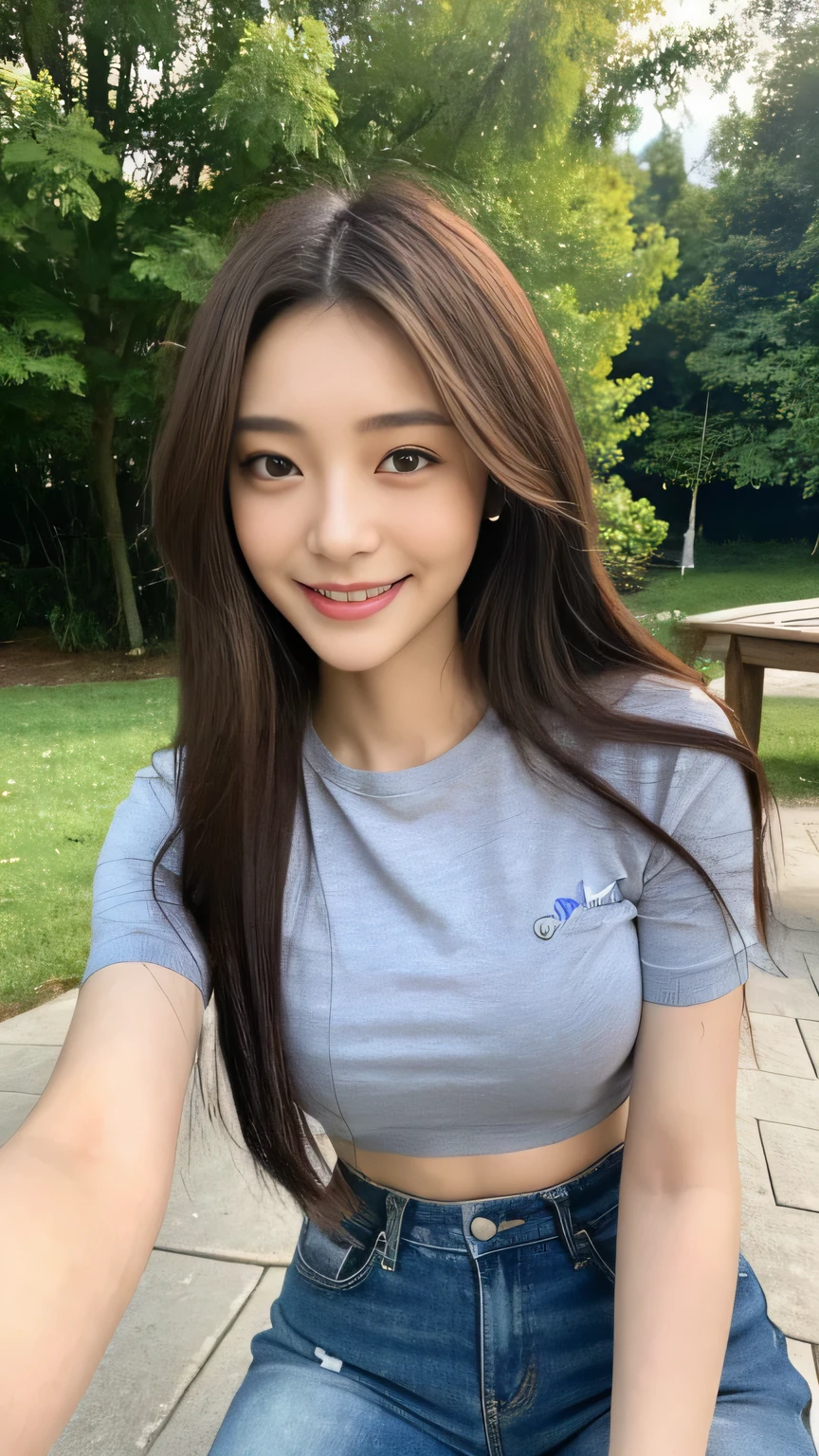 seed:2020674263.((Full body angle:1.1)).((Highest quality, 8k, masterpiece:1.3)), ((from below:1.1)).concentrated:1.2, Perfect body beauty:1.4, Hips:1.2, ((Delicate Hair)), (Vibrant color block short sleeve crop top for women,Shorts :1.1) , ((Highest quality、8k、masterpiece:1.3))、1 Girl、A sloppy smile、Esbian all over body、Slim face、Big 、Beautiful woman、(Dark Brown Hair)、Long Hair、1.1、Flickering Valley、Detailed eyes、double eyelid、Blurred Background、超Slim face、Smile、Looking down、stroll.extreme extreme close-up.cowboy shot