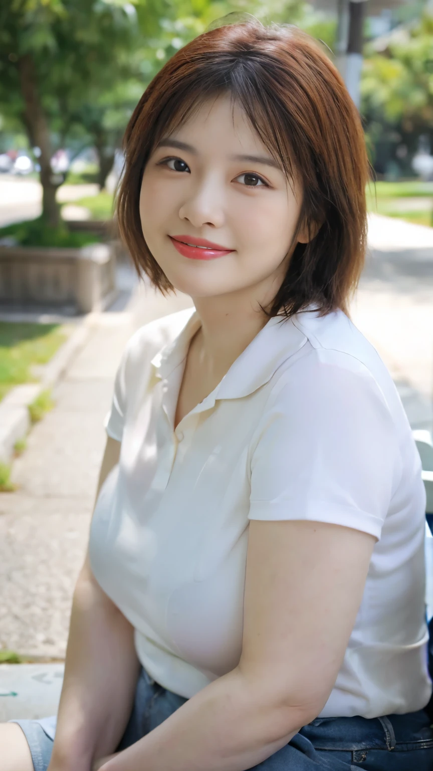 Sitting on a park bench, Wrinkles around the eyes, Smiling with teeth showing, Plain short-sleeved clothing, senior citizen, Draw lips correctly, Red lipstick, No discomfort, 16K, Highest quality, Very detailed, Realistic, Very detailed肌, (Japanese), (alone), 60 years old, Large Breasts, , Glamour, sexy, Chromo White Skin, Staring straight ahead,