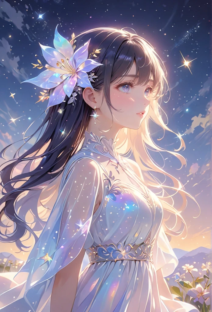 A girl standing alone under the starry night sky, with her silhouette illuminated by the soft moonlight and twinkling stars. Her face is beautifully detailed, with mesmerizing eyes that seem to reflect the universe itself, long and fluttering eyelashes, and exquisitely defined lips. She has very very long dark navy hair that shimmers like the starry sky and is dressed in an elegant gown, flowing and ethereal, embracing her figure gracefully as it glimmers with a subtle celestial glow. The intricate details of her dress catch the faint starlight, creating a mesmerizing sparkle. The surrounding landscape showcases a serene garden, lush with vibrant foliage and colorful flowers. The air is filled with a gentle breeze, causing the leaves to rustle and the flowers to sway delicately. The garden is bathed in a dreamy color palette, with hues of deep blues, purples, and hints of silver. The atmosphere is calm and tranquil, evoking a sense of peace and serenity. The artwork is of the highest quality, meticulously created with ultra-detailed brushstrokes and precise attention to every element. The texture and depth of the painting are breathtaking, with a sense of realism and photorealism that captures the awe-inspiring beauty of the night sky. The lighting is soft and diffused, casting a gentle glow over the entire scene, enhancing the magical ambiance. The girl's presence radiates a sense of mystery and wonder, as if she holds a secret connected to the celestial beings above. The overall composition evokes a feeling of timelessness and captures the essence of a StarSign, an artwork that embodies the celestial beauty and inner strength of a girl in harmony with the stars. Ai-generated 