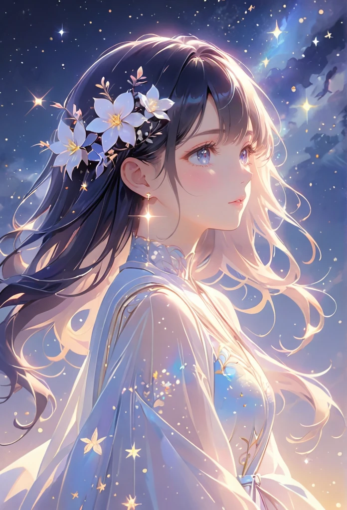 A girl standing alone under the starry night sky, with her silhouette illuminated by the soft moonlight and twinkling stars. Her face is beautifully detailed, with mesmerizing eyes that seem to reflect the universe itself, long and fluttering eyelashes, and exquisitely defined lips. She has very very long dark navy hair that shimmers like the starry sky and is dressed in an elegant gown, flowing and ethereal, embracing her figure gracefully as it glimmers with a subtle celestial glow. The intricate details of her dress catch the faint starlight, creating a mesmerizing sparkle. The surrounding landscape showcases a serene garden, lush with vibrant foliage and colorful flowers. The air is filled with a gentle breeze, causing the leaves to rustle and the flowers to sway delicately. The garden is bathed in a dreamy color palette, with hues of deep blues, purples, and hints of silver. The atmosphere is calm and tranquil, evoking a sense of peace and serenity. The artwork is of the highest quality, meticulously created with ultra-detailed brushstrokes and precise attention to every element. The texture and depth of the painting are breathtaking, with a sense of realism and photorealism that captures the awe-inspiring beauty of the night sky. The lighting is soft and diffused, casting a gentle glow over the entire scene, enhancing the magical ambiance. The girl's presence radiates a sense of mystery and wonder, as if she holds a secret connected to the celestial beings above. The overall composition evokes a feeling of timelessness and captures the essence of a StarSign, an artwork that embodies the celestial beauty and inner strength of a girl in harmony with the stars. Ai-generated 