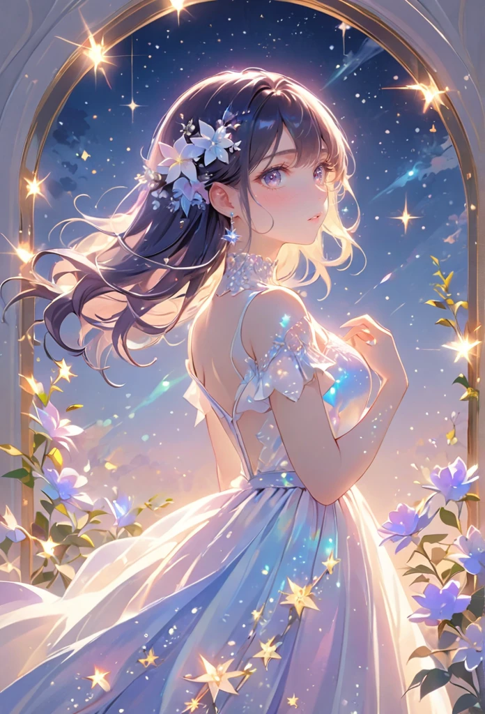 A girl standing alone under the starry night sky, with her silhouette illuminated by the soft moonlight and twinkling stars. Her face is beautifully detailed, with mesmerizing eyes that seem to reflect the universe itself, long and fluttering eyelashes, and exquisitely defined lips. She has very very long dark navy hair that shimmers like the starry sky and is dressed in an elegant gown, flowing and ethereal, embracing her figure gracefully as it glimmers with a subtle celestial glow. The intricate details of her dress catch the faint starlight, creating a mesmerizing sparkle. The surrounding landscape showcases a serene garden, lush with vibrant foliage and colorful flowers. The air is filled with a gentle breeze, causing the leaves to rustle and the flowers to sway delicately. The garden is bathed in a dreamy color palette, with hues of deep blues, purples, and hints of silver. The atmosphere is calm and tranquil, evoking a sense of peace and serenity. The artwork is of the highest quality, meticulously created with ultra-detailed brushstrokes and precise attention to every element. The texture and depth of the painting are breathtaking, with a sense of realism and photorealism that captures the awe-inspiring beauty of the night sky. The lighting is soft and diffused, casting a gentle glow over the entire scene, enhancing the magical ambiance. The girl's presence radiates a sense of mystery and wonder, as if she holds a secret connected to the celestial beings above. The overall composition evokes a feeling of timelessness and captures the essence of a StarSign, an artwork that embodies the celestial beauty and inner strength of a girl in harmony with the stars. Ai-generated 