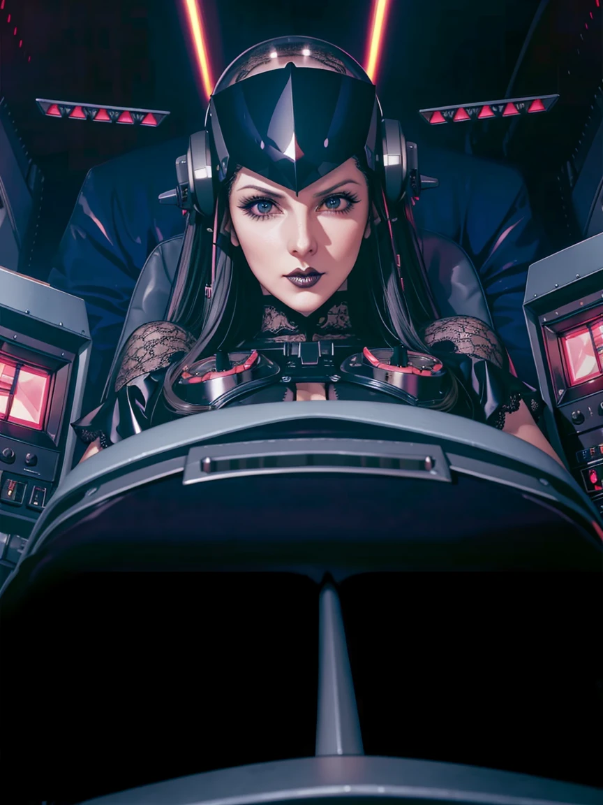 (((gothic vampire piloting) in gothic spacecraft)), (((retro anime))), ((from below)), ((120 fov)), ((((gothic)) control panels)), (((mature))), (((gothic))), (iridescent) bodysuit, (((lace accessories))), ((pilot seat)), ((((lying back)) pose)), (((elegant))), (((serious tone))), ((cockpit top control panel)), intricate control panel details, close-up, 1990s (style), masterpiece, ((claustrophobic)), best quality, screens, ((pilot helmet)), night, ((low key light)), (colorful cockpit lights), sparkles, (dramatic lighting), sweat, [blushing], [[pointy ears]], ((dark background))