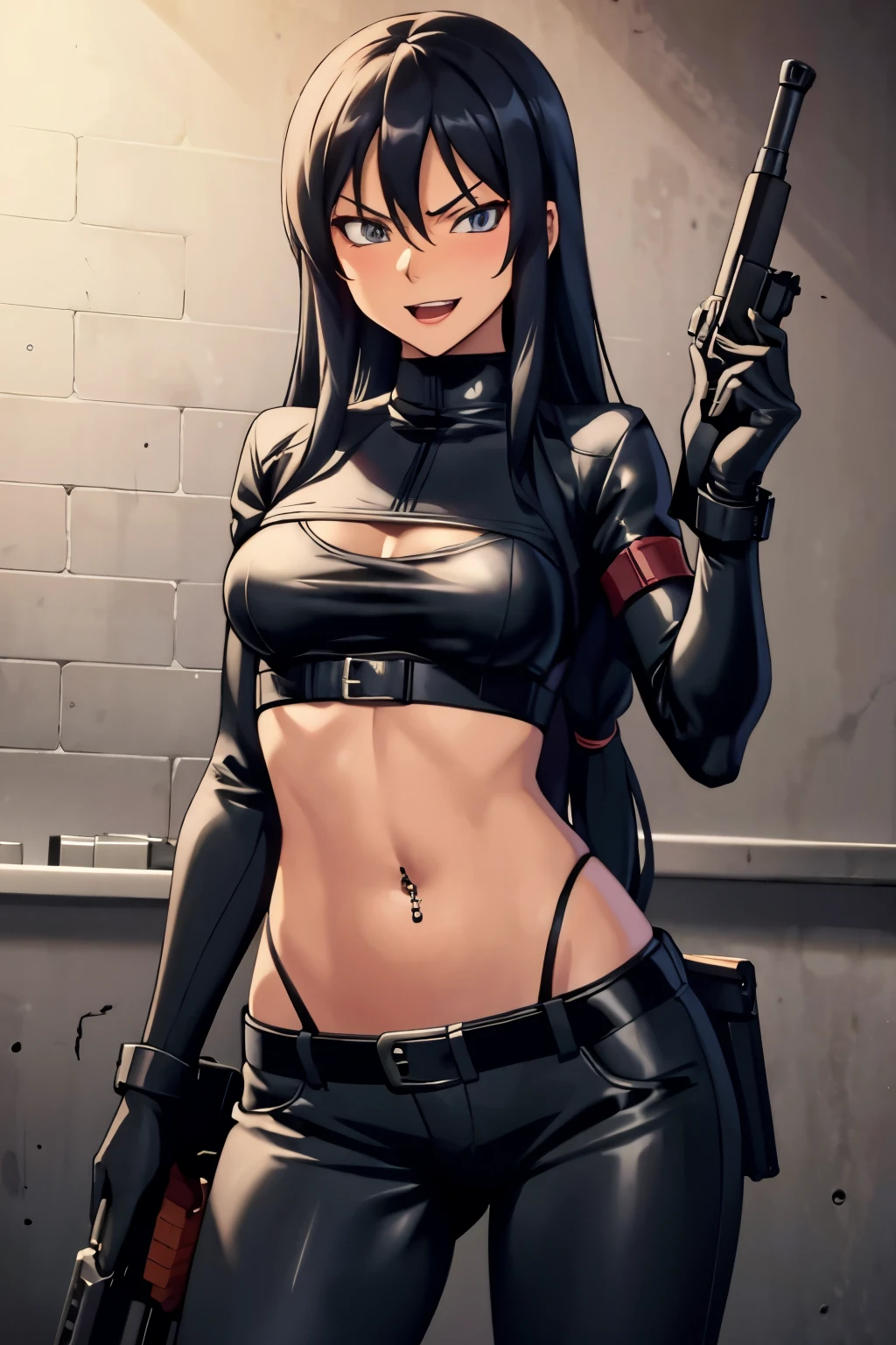 Pitohui_Elza, long hair, assault rifle, holding rifle, smirk, blush, lipstick,Hot girl, baddie, bad attitude, mean girl, crazy, smoking, sensual, attractive , bar background, inside bar, indoor, masterpiece, best quality, highly detailed, a girls with a gun, evil smile , open mouth, sexy gaze, badass pose , evil smile, smile, guns blazing, anime girl with long hair, beautiful long haired girl, navel, evil expression, exposed belly, exposed navel, exposed midriff, exposed lower belly, long black pants, crop top, cleavage, unbuttoned leather pants ,open fly, low rise black leather pants, leather jacket, holding a gun, holding pistol,navel piercing