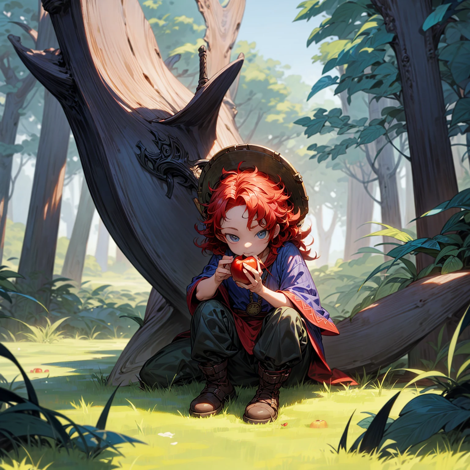 Grassroot, Full body version, solo, baby ??? boy, blue eyes, red colour hair, short Curly hairstyle, Vikings style clothing, boots, Vikings helmets, full background in field forest, (one piece style art), eating Apple gesture, his eyes focused on the apple in his hand
