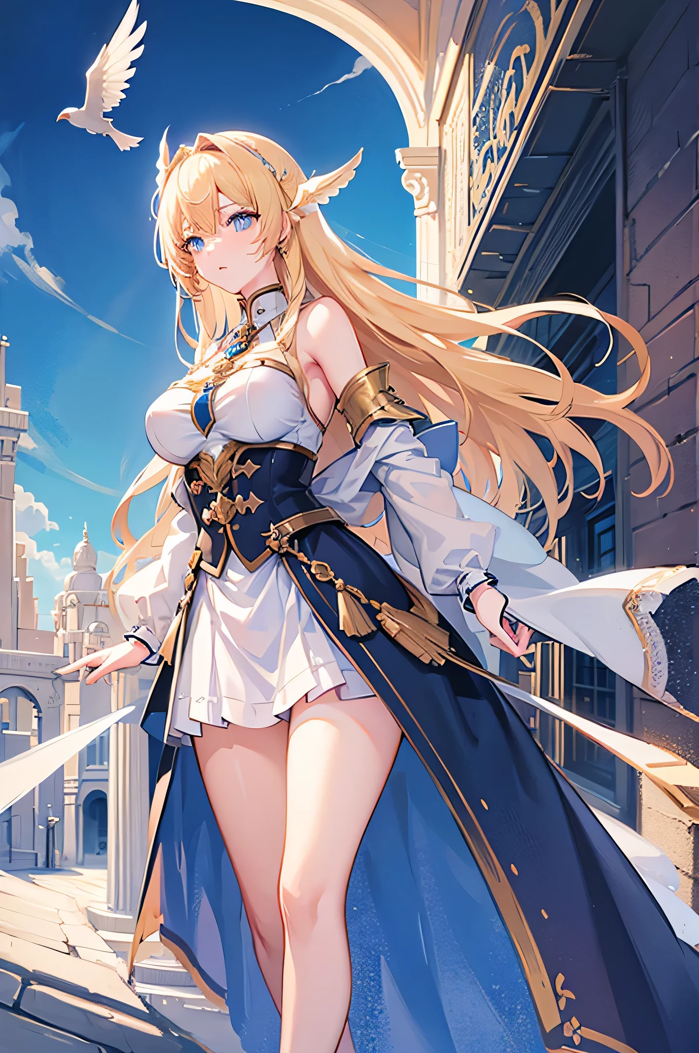 4K,High resolution,One Woman,Blonde,Long Hair,Blue Eyes,Big Breasts,Valkyrie,White sacred armor,Winged headgear,Jewelry decoration,Excalibur,Temple in the Sky