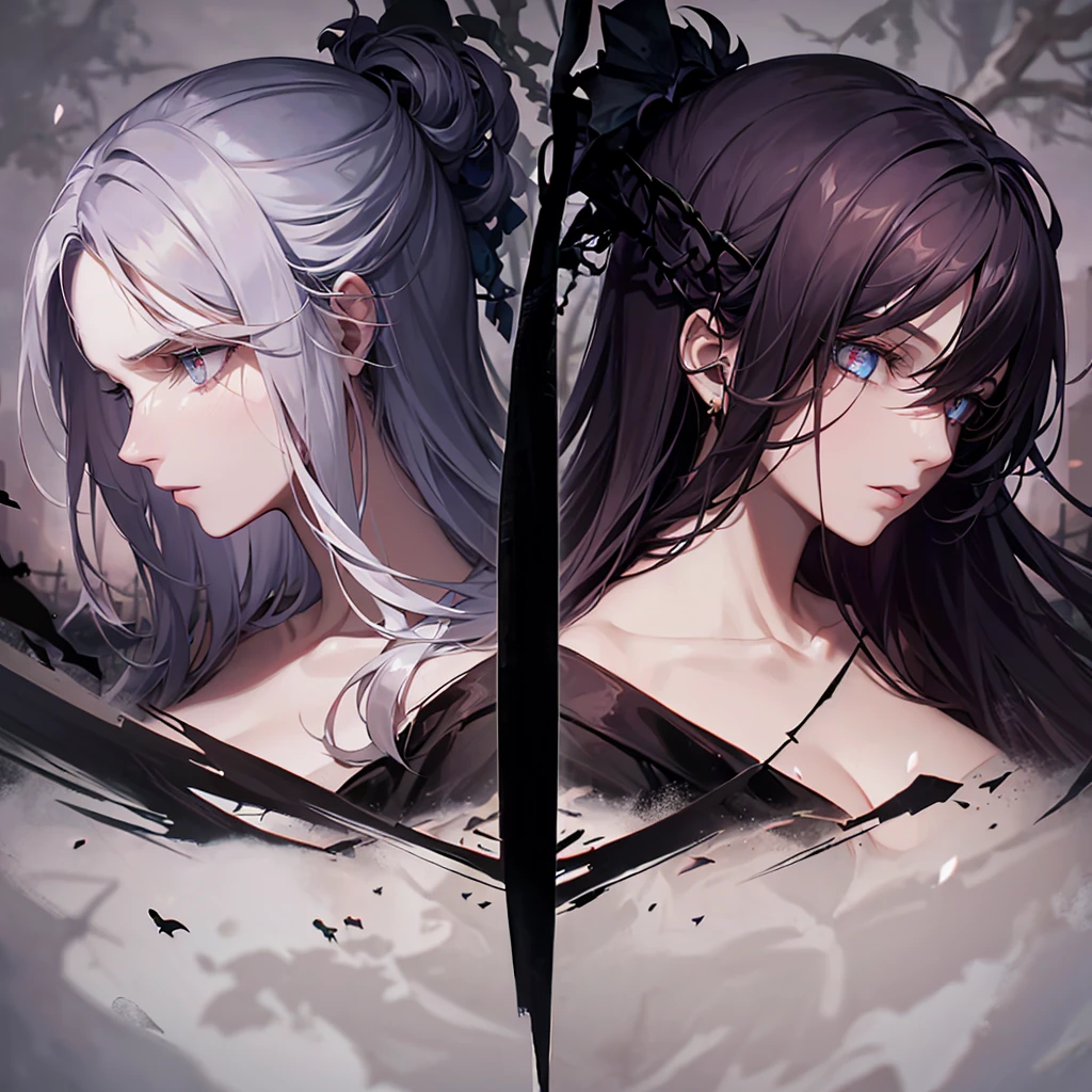 ((Best Quality)), ((Masterpiece)), ((Realistic)) A macabre, gothic background featuring a desolate, haunted graveyard bathed in ghostly pale moonlight. The ground is uneven with dead, brittle grass and scattered, ancient tombstones, many cracked and weathered. Gnarled, leafless trees with skeletal branches cast long, twisted shadows. In the distance, a crumbling gothic cathedral looms with towering spires and shattered stained glass windows, throwing fractured beams of light. The air is thick with swirling fog, creating an ethereal atmosphere. Scattered lanterns hanging from twisted branches and wrought iron gates flicker with eerie pale blue flames, illuminating the path and revealing unsettling details: a broken statue of an angel with hollow eyes, a rusted wrought iron fence, and ravens with gleaming eyes perched atop gravestones. The background is filled with the quiet, eerie sounds of the night, including the rustling of dead leaves, distant owl hoots, and ghostly whispers carried by the wind.