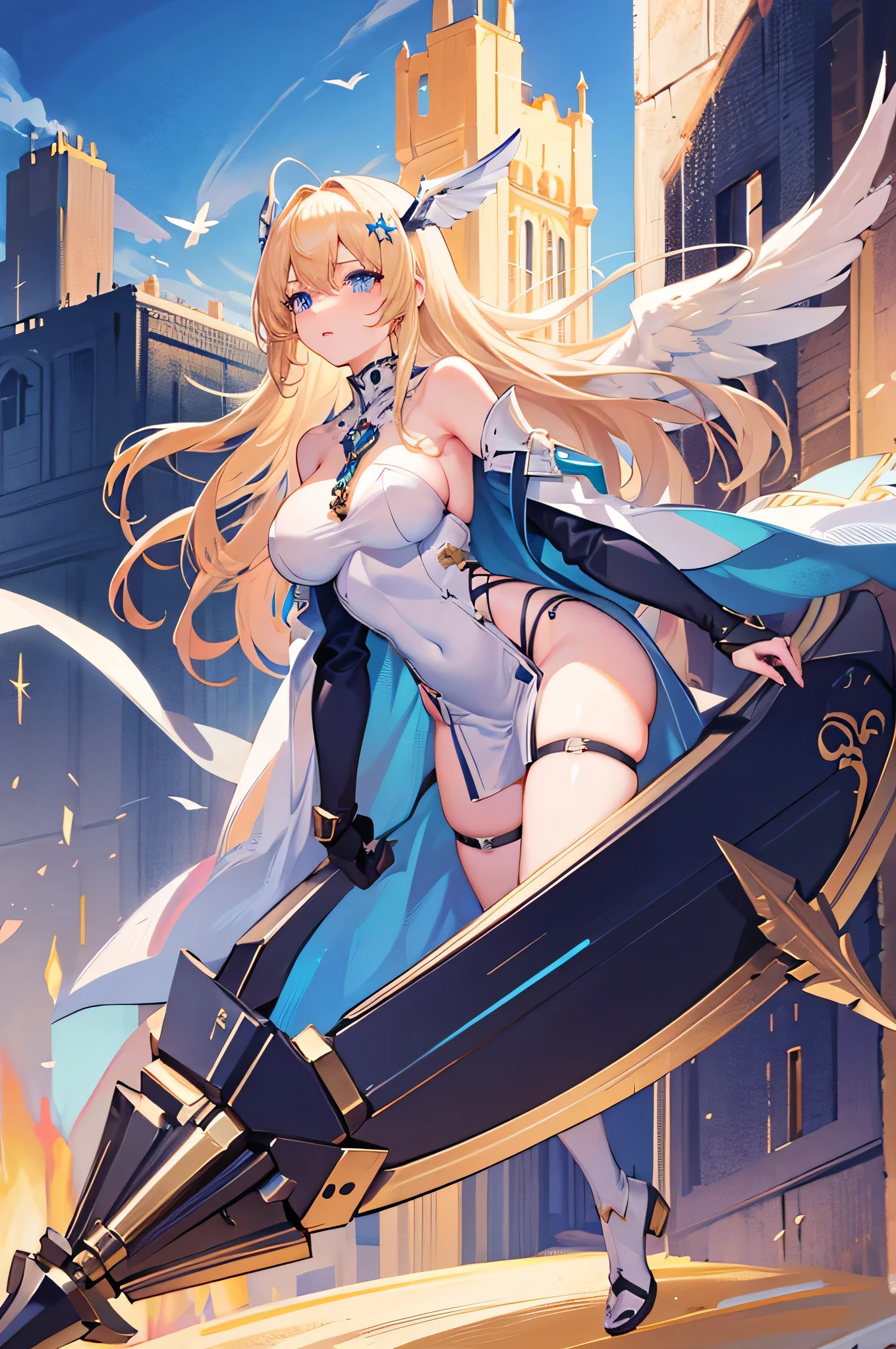 4K,High resolution,One Woman,Blonde,Long Hair,Blue Eyes,Big Breasts,Valkyrie,White sacred armor,Winged headgear,Jewelry decoration,Excalibur,Temple in the Sky