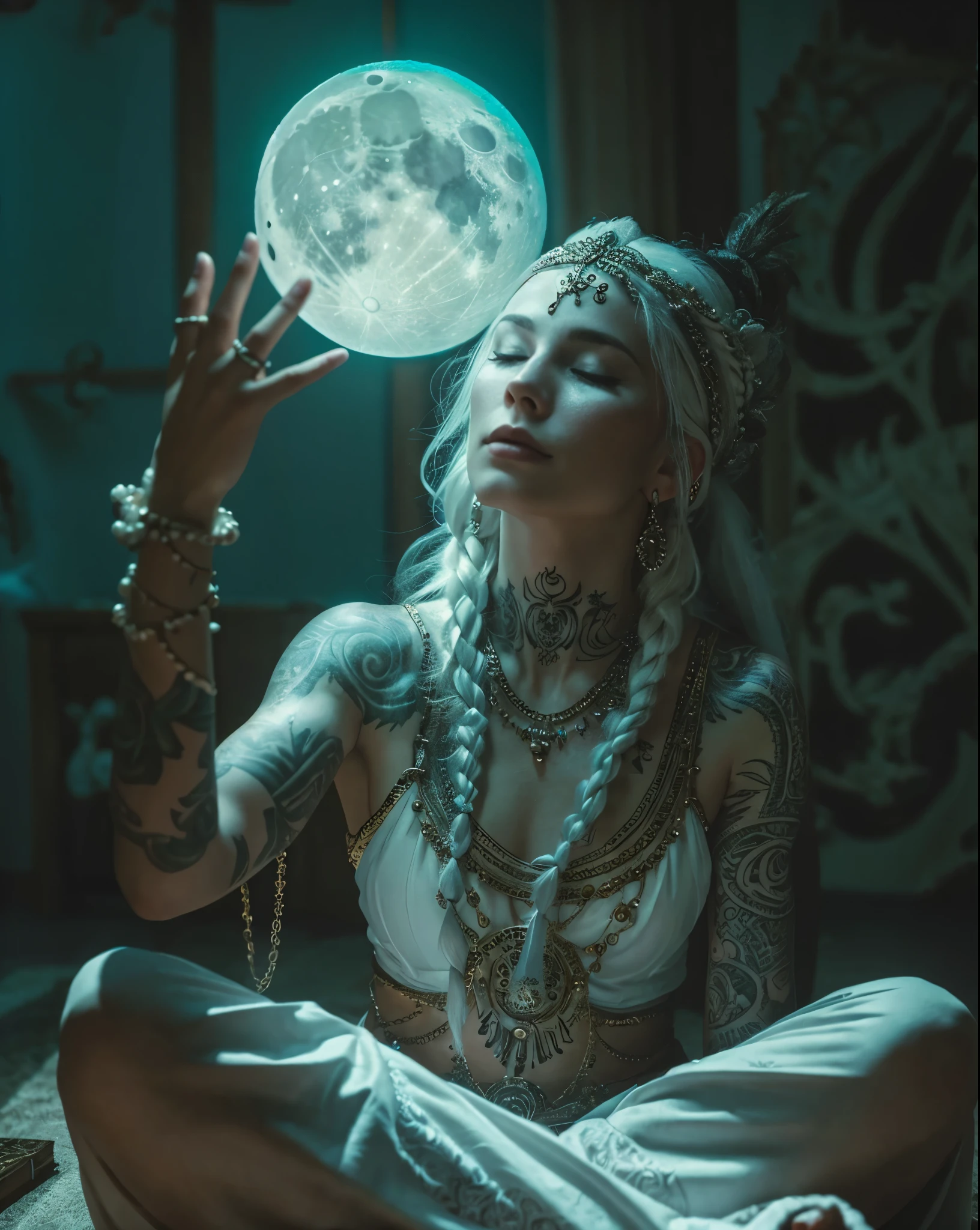 masterpiece, real photo, realistic. women, white sorceress, magic. He has tattoos on his body. She is sitting on the floor of a room, has his eyes closed, Braided white hair. Above his open hand is an orb in the shape of a full moon..