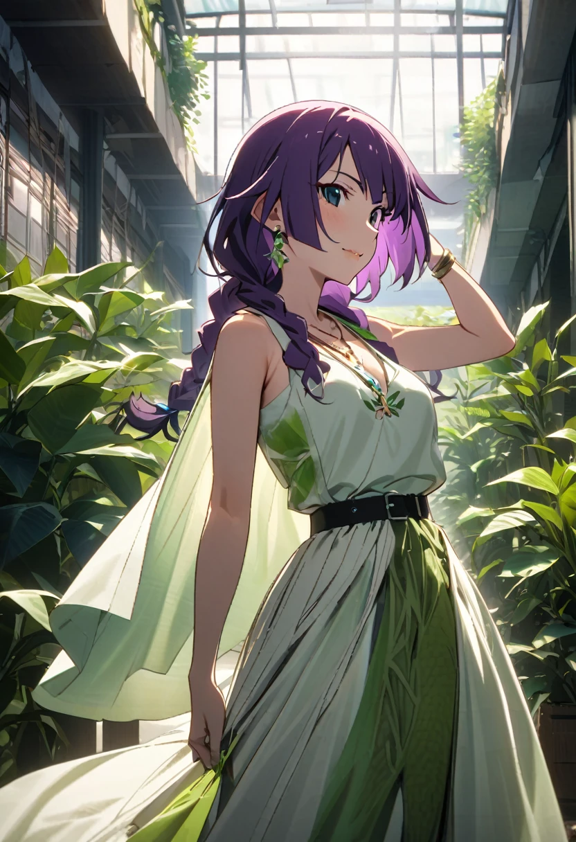 1girl, Senjougahara Hitagi, monogatari (series), masterpiece, best quality, absurdres, natural sunlight, eco-friendly high fashion, sustainable summer theme, elegant eco-conscious pose, lush green setting, purple hair clothing:
Flowing maxi dress made from organic hemp and recycled polyester blend in a soft sage green
Asymmetrical neckline with delicate leaf-inspired embroidery using natural dyes
Detachable cape-like overlay made from sheer biodegradable fabric
Hand-woven belt made from organic cotton and recycled threads
髪型:
Long, wavy purple hair styled in loose, natural waves
Accent braids with tiny wildflowers woven in
Eco-friendly hair accessories made from recycled materials
アクセサリー:
Statement necklace crafted from reclaimed wood and recycled metal
Earrings made from ethically sourced gemstones set in recycled gold
Bracelet woven from organic hemp with glass beads made from recycled bottles
Ring featuring a lab-grown diamond in a setting made from recycled platinum
メイク:
Minimal, fresh-faced look using all-natural, organic cosmetics
Subtle green eyeshadow made from plant-based pigments
Lips tinted with beetroot-based natural lip stain
Cheeks flushed with a hint of natural rose powder
ポーズと環境:
Standing gracefully amidst a lush vertical garden
One hand touching leaves of a nearby plant
Sustainable architecture with living walls visible in the background
Natural light streaming through skylights made from recycled glass
小物:
Handbag made from pineapple leather (Piñatex) with wooden handles
Shoes crafted from recycled ocean plastics and natural rubber
Eco-friendly water bottle made from biodegradable materials
Sustainable notebook made from recycled paper and bound in organic linen