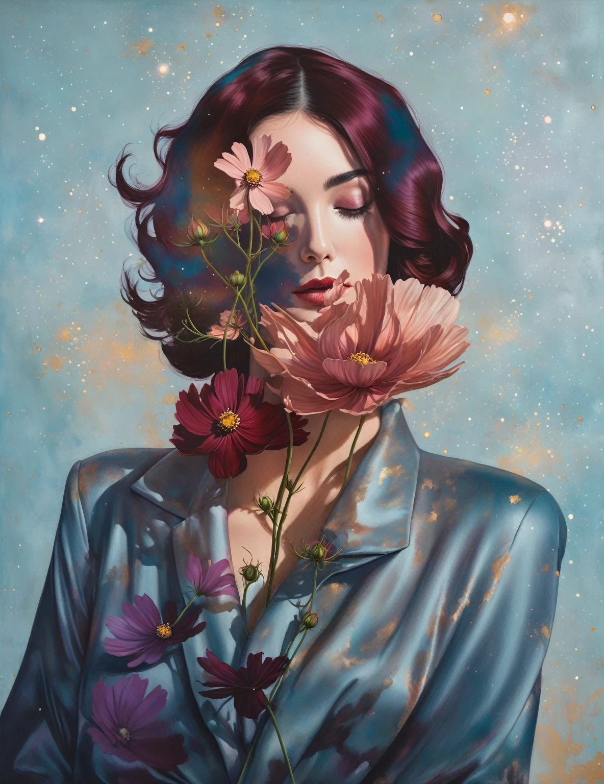 chiaroscuro technique on sensual illustration of an elegant , retro and vintage ,Chocolate Cosmos (Cosmos atrosanguineus) around body, matte painting, by Hannah Dale, by Harumi Hironaka, extremely soft colors, vibrant, pastel, highly detailed, digital artwork, high contrast, dramatic, refined, tonal, golden ratio,