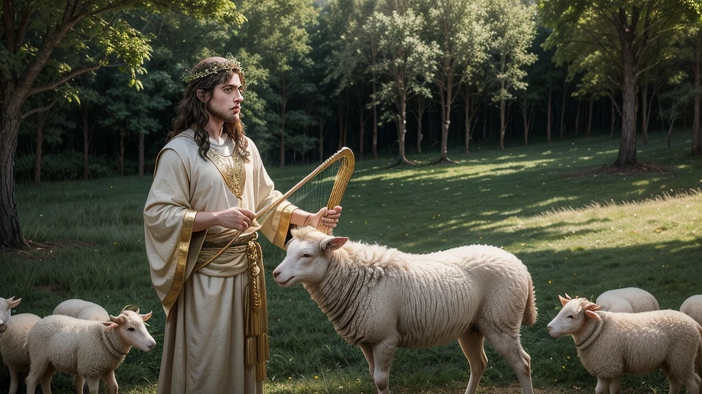 Create a realistic thumbnail depicting the biblical story of David after being anointed by Samuel. Show a young, handsome David with curly brown hair, wearing simple shepherd's clothing and a modest crown. His expression should convey humility, strength, and determination. Position David in a reflective pose, holding a harp to symbolize his connection with God. The background should be a serene landscape with a lush field or hillside, and the ancient city of Bethlehem in the distance. Use warm, golden sunlight filtering through the trees to symbolize hope and divine guidance. Include symbolic elements like an anointing oil jar and a few sheep nearby to reflect his background as a shepherd.