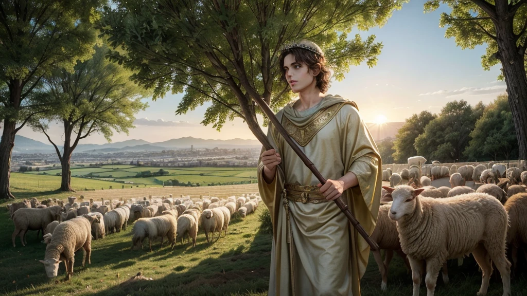 Create a realistic thumbnail depicting the biblical story of David after being anointed by Samuel. Show a young, handsome David with curly brown hair, wearing simple shepherd's clothing and a modest crown. His expression should convey humility, strength, and determination. Position David in a reflective pose, holding a harp to symbolize his connection with God. The background should be a serene landscape with a lush field or hillside, and the ancient city of Bethlehem in the distance. Use warm, golden sunlight filtering through the trees to symbolize hope and divine guidance. Include symbolic elements like an anointing oil jar and a few sheep nearby to reflect his background as a shepherd.