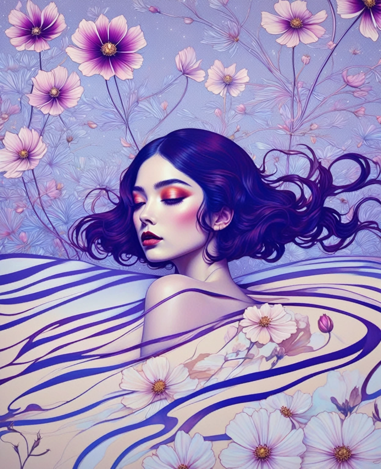 chiaroscuro technique on sensual illustration of an elegant , retro and vintage ,Chocolate Cosmos (Cosmos atrosanguineus) around body, matte painting, by Hannah Dale, by Harumi Hironaka, extremely soft colors, vibrant, pastel, highly detailed, digital artwork, high contrast, dramatic, refined, tonal, golden ratio,