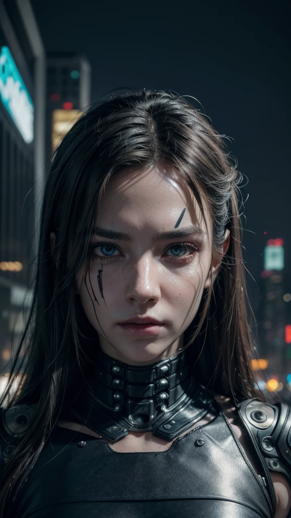 cyberpunk cyborg portrait, woman with transparent skin revealing circuits and wires, glowing LED eyes, hybrid flesh and metal limbs with advanced prosthetics and cybernetic interfaces, black leather jacket, dystopian urban environment with decaying skyscrapers, the fusion of human and machine in a futuristic cyberpunk world, (best quality,4k,8k,highres,masterpiece:1.2),ultra-detailed,(realistic,photorealistic,photo-realistic:1.37),HDR,UHD,studio lighting,ultra-fine painting,sharp focus,physically-based rendering,extreme detail description,professional,vivid colors,bokeh,concept art