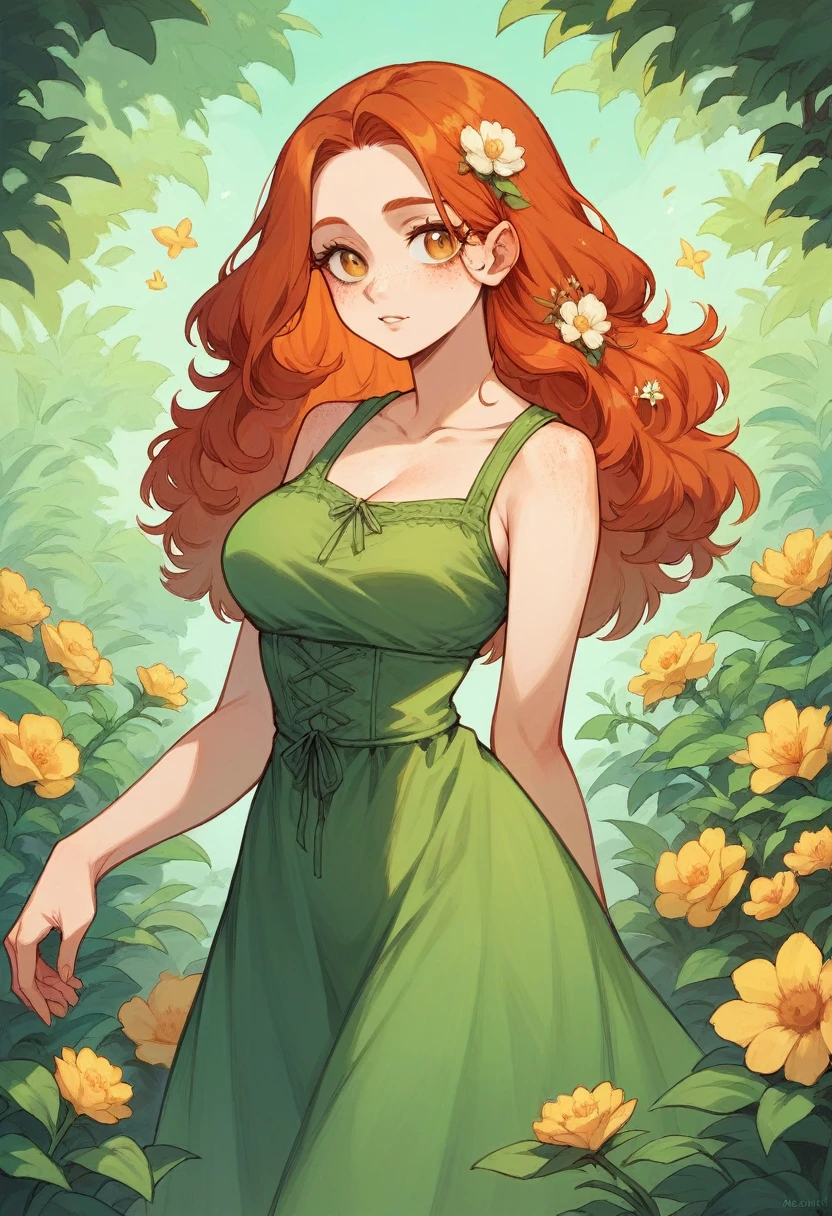 redhead girl with honey eyes, waist length hair, has freckles on his face, She is wearing a light dark green dress, is in a garden full of flowers 