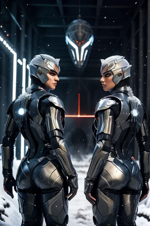 The robot Masculino de capacete uses laser fire at the viewer, A robot has the palm of its hand showing the viewer, setting frozen planet blizzard, reference sheet, matching outfit, (fantasy character design, front angles, side angles, rear angles)