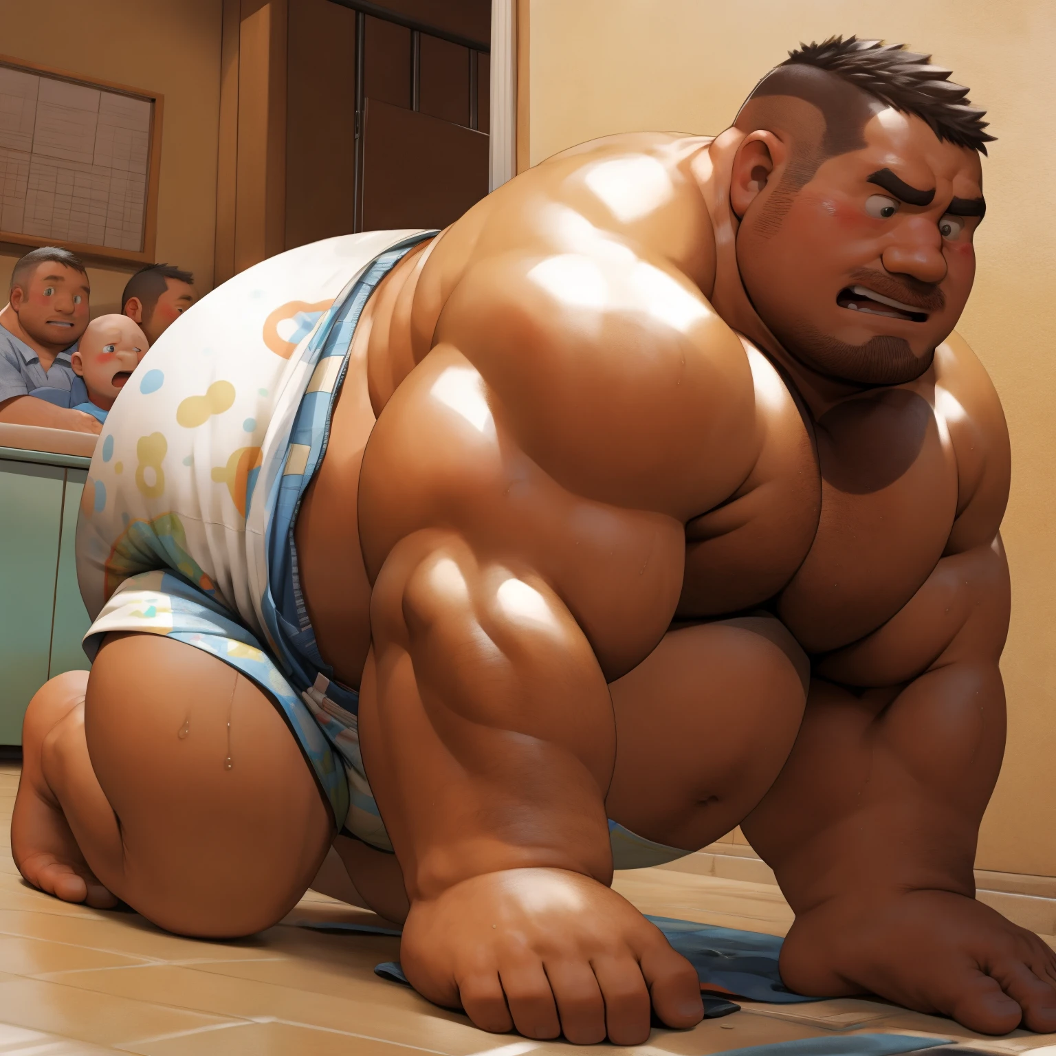 masterpiece, Top quality, in 32K, perfect anatomy, hyper detailed, super fine illustration, The thick man is a brutal prisoner, retarded, hairy human, 50yo in Japan, (fatness: 1.0), Fatty muscle, Bowleg, disappointment, incontinent, be diaper check by children, waddle, There is a small puddle under him, incontinent, Naked, short legs, Bowleg, spread legs, wear a White cloth Diaper, Bare belly, Bare legs, Bare foots, Bare soles, Shirtless, wide forehead and short thinning hair, Man with round face with stubble, Bare foots, Bare soles, shy, sissy, Weaker than children, Drool, Round face, steams, Solo, He enters nursery school and is despised by children, He surrounded by children, His bottom is wet, Bare foots, big butt, he is scolded by the children, White Diaper, He surrounded by children, sobbing, wear a White cloth Diaper, shirtless, There is a small puddle under him, He enters nursery school and is despised by children, big butt, sobbing, He crawling to go to children, on all fours, side view