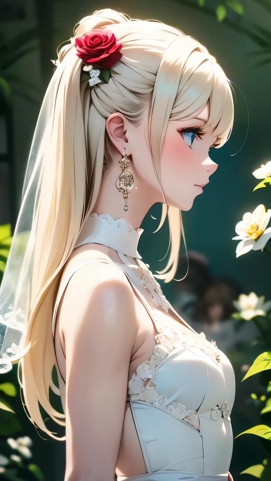 One Girl, Earrings, Veil, jewelry, alone, wedding dress, flower束,  dress, bridal Veil, flower, elbow gloves, white dress,  gloves, chest, flower嫁, Upper Body, From the side, profile, white gloves, Rose, medium chest, Mouth closed, hoop Earrings, white flower, holding flower束