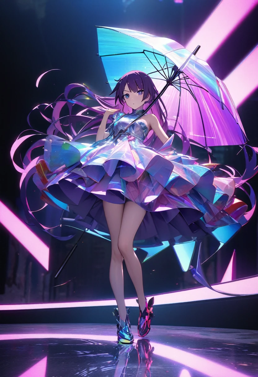 1girl, Senjougahara Hitagi, monogatari (series), masterpiece, best quality, absurdres, dramatic studio lighting, avant-garde fashion, futuristic summer theme, bold artistic pose, abstract setting, purple hair clothing:

Asymmetrical dress with geometric cut-outs, made from holographic fabric that shifts colors
One shoulder features an exaggerated structural element resembling abstract sculpture
Lower half of the dress transforms into flowing, transparent panels with embedded LED lights
3D-printed shoes with impossible heel designs, appearing to defy gravity hairstyle:

Purple hair styled in a severe, angular bob on one side
Opposite side features an intricate undercut pattern with metallic purple designs
Sections of hair extended with fiber optic strands that glow and change colors

アクセサリー:

Face jewelry that creates an illusion of metallic tears
One oversized ear cuff that extends down the neck, featuring moving mechanical parts
Fingerless gloves made of a material that appears to be liquid metal
Multiple floating rings that hover around fingers without touching them

メイク:

Geometric patterns painted around eyes in metallic purples and silvers
Holographic lip color that shifts hues with movement
Eyebrows replaced with thin lines of iridescent crystals
Portions of face and neck covered in temporary 'digital skin' displaying abstract animations

ポーズと環境:

Striking an impossible, sculpture-like pose that challenges human anatomy
Surrounded by floating, abstract shapes that seem to respond to movement
Standing on a reflective surface that creates mesmerizing, infinite reflections
Background features a ever-changing digital art installation

小物:

Handbag shaped like an abstract digital cloud, continuously morphing its form
Transparent tablet-like device projecting holographic imagery
Futuristic umbrella made of force fields rather than fabric