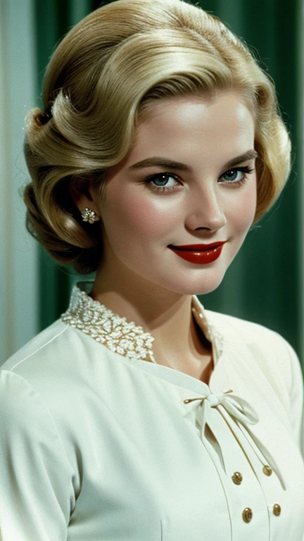 Grace Kelly dressed in traditional Finnish clothing wearing lipstick and smiling