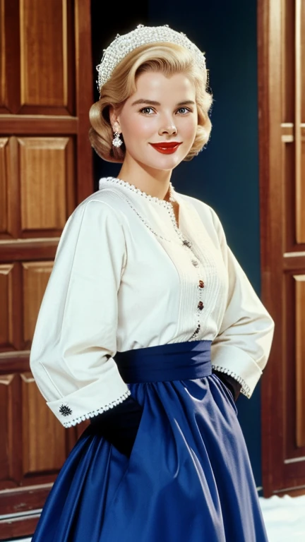 Grace Kelly dressed in traditional Finnish clothing wearing lipstick and smiling