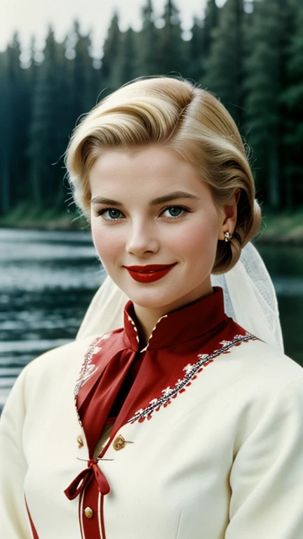 Grace Kelly dressed in traditional Finnish clothing wearing lipstick and smiling