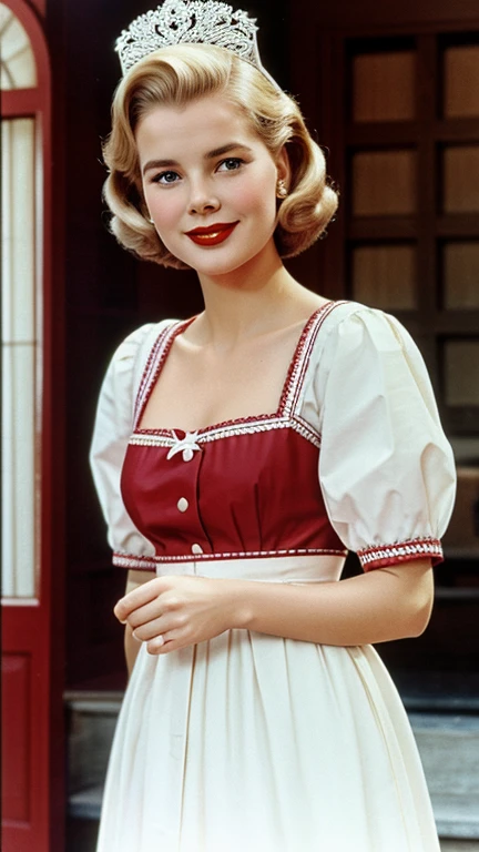 Grace Kelly dressed in traditional Finnish clothing wearing lipstick and smiling