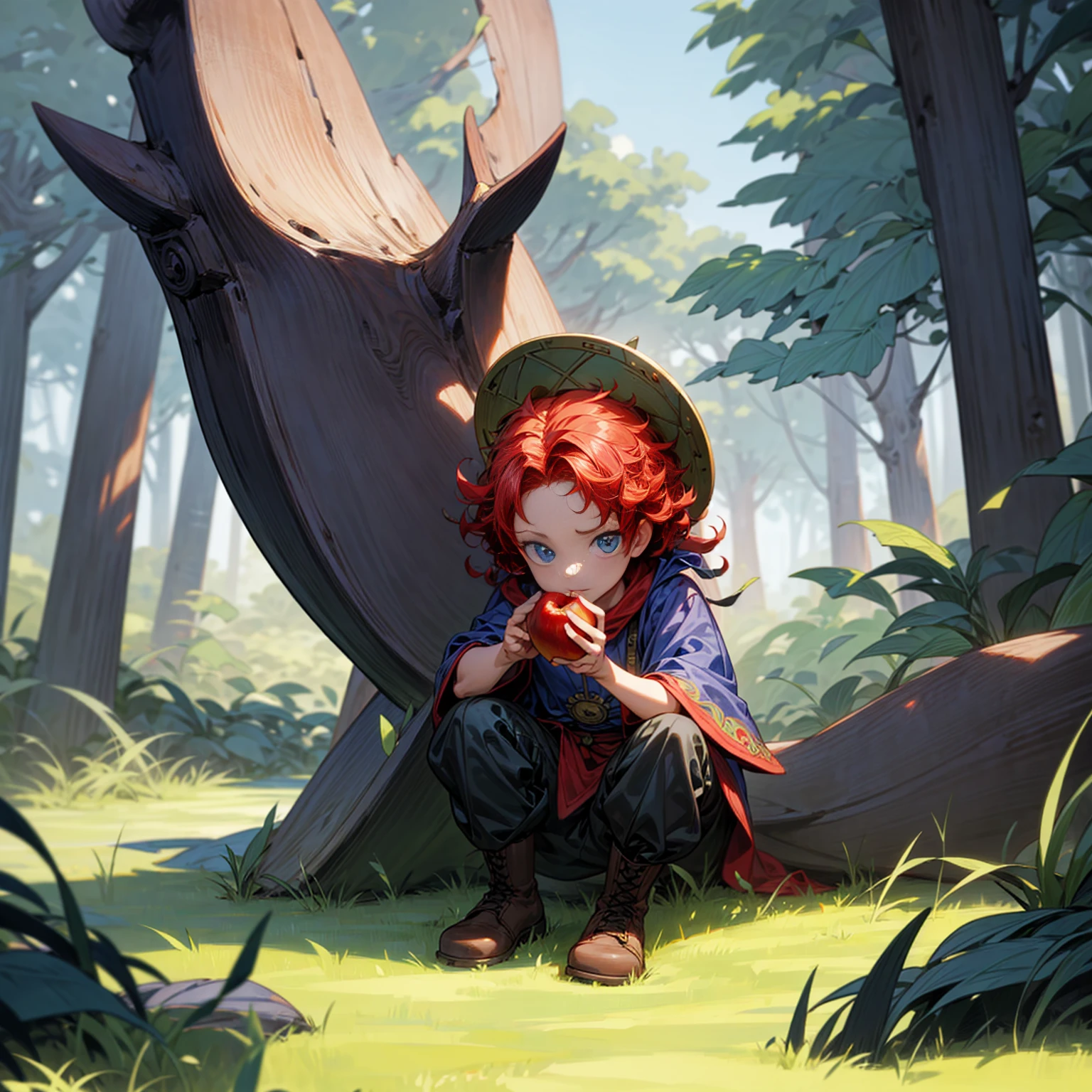Grassroot, Full body version, solo, baby kid boy, blue eyes, red colour hair, short Curly hairstyle, Vikings style clothing, boots, Vikings helmets, full background in field forest, (one piece style art), eating Apple gesture, his eyes focused on the apple in his hand 