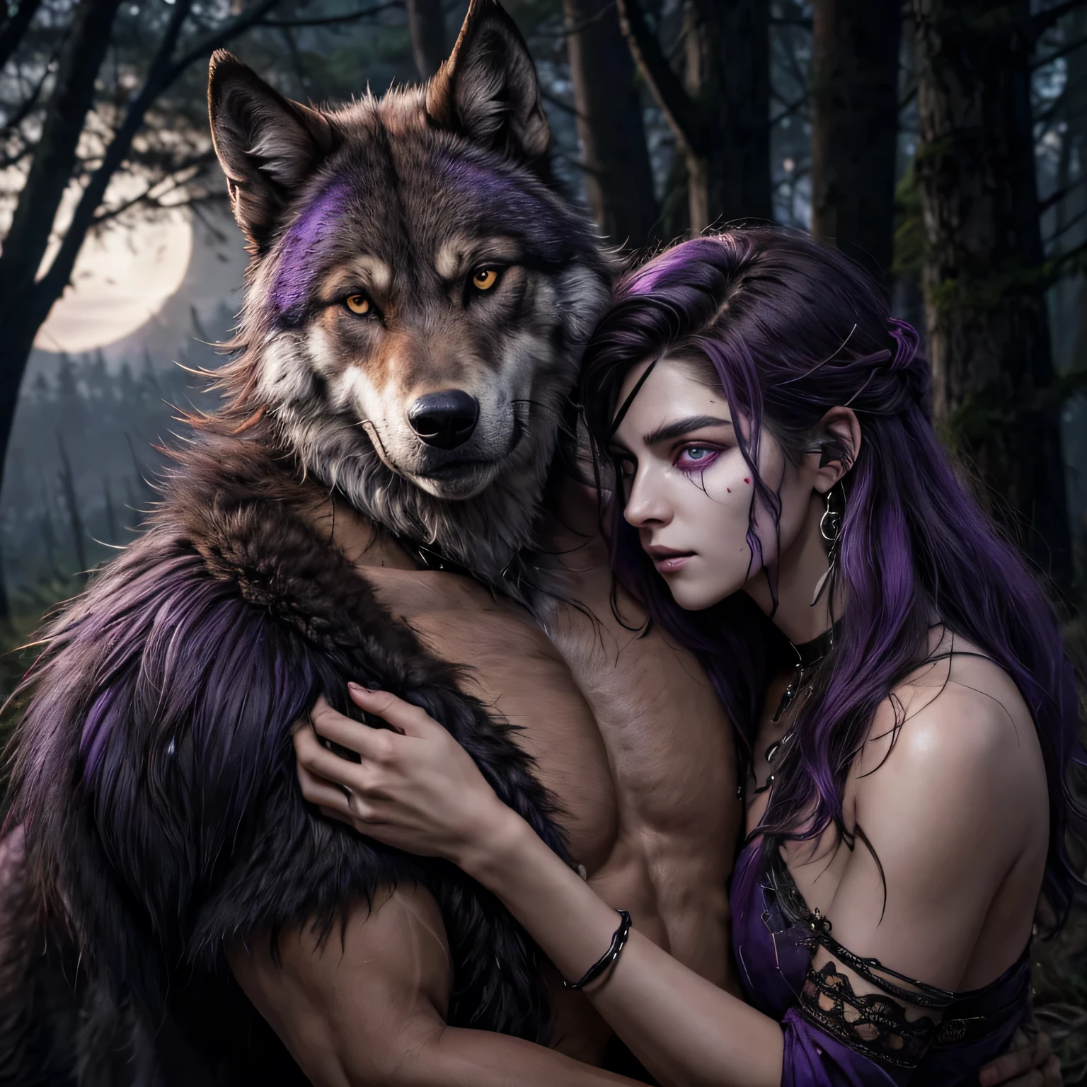 ((purple mist)), an ancient Greek huntress who commands a pack of wolves and ravens, with disheveled wild hair, burning wild eyes and a painted face. She is gently hugged by a werewolf male wolf, his eyes are burning with red fire, the ears of the wolf are moving on top of his head, the fur stands on end. Forest on the background of moonlight. Deep, rich colors and intricate details. Karn Griffiths and Charles Wess