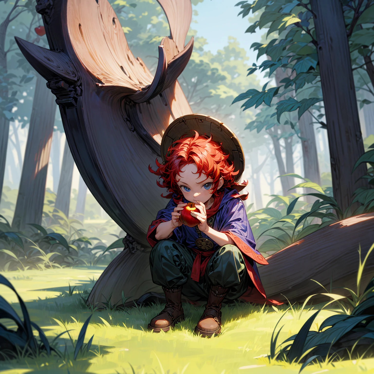 Grassroot, Full body version, solo, baby kid boy, blue eyes, red colour hair, short Curly hairstyle, Vikings style clothing, boots, Vikings helmets, full background in field forest, (one piece style art), eating Apple gesture, his eyes focused on the apple in his hand