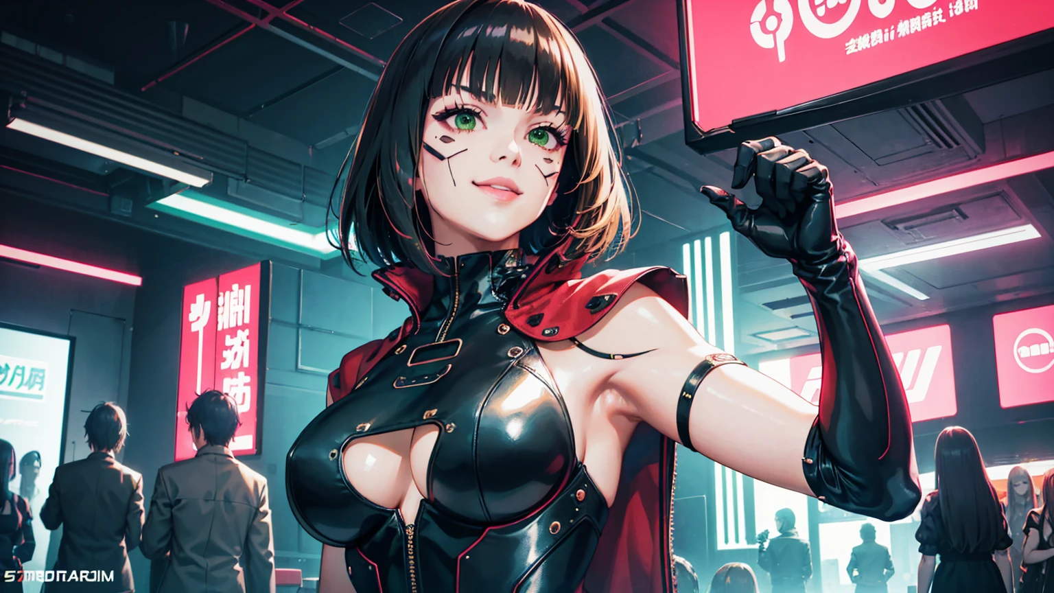 masterpiece, Best quality, (1 girl), (solo) (front facing), (upper body), (smile),(from front), (portrait), (night), (pose for picture), (dystopian city street), (large breast), (cleavage), (long hair),,  (underboob), red costume, black, gloves, dress boots, black gloves, puffy sleeves, black dress),(cyberpunk costume), (blonde hair), (green eyes), feather-trimmed sleeves anime, realistic, masterpiece, (bobcut, bangs), (A2 costume) (cyber_mark), ( facial mark), (cyberpunk suit),  (demure), (dark room), (neon lights), (cyberpunk room), (widwscreen photo)