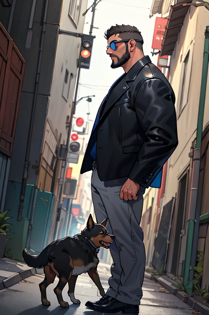 a man with a beard and a big German Sheppard dog, the man wearing reflective sungglasses, blue formal shirt, black leather jacket, standing on the sidewalk, the man standing behind the dog, ((the high well detailed)), side face, bad ass shot, seen from the front, cowboy shot, low angle, close up on the dog, (looking up:1),