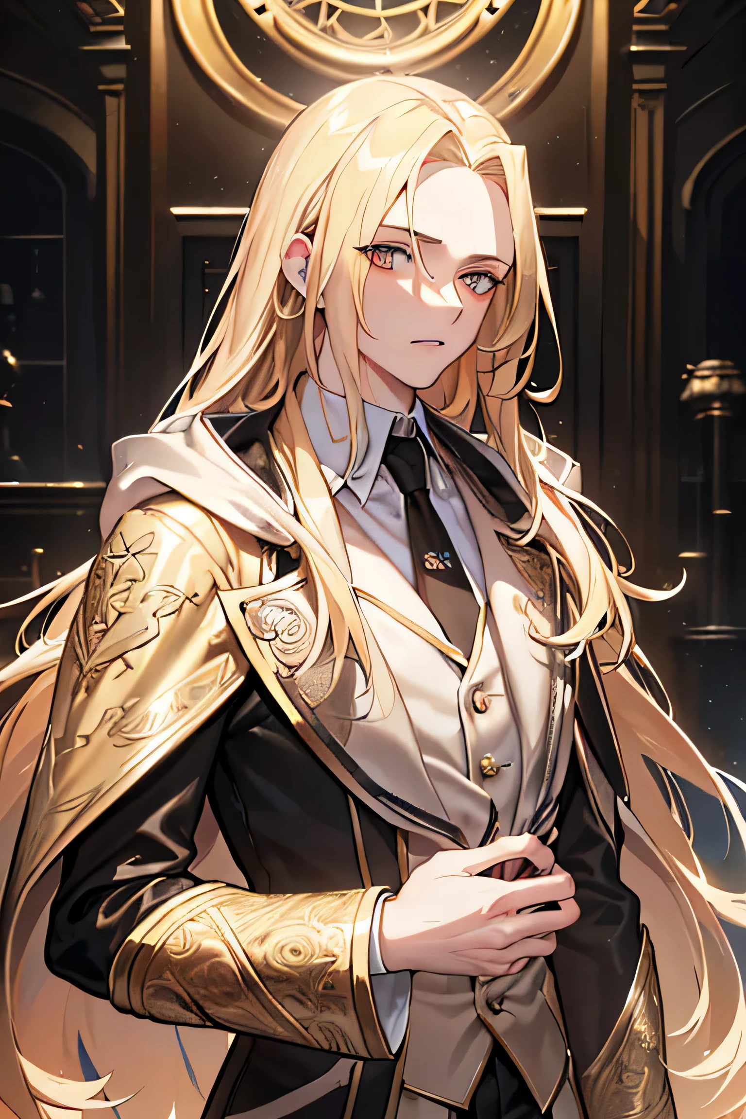 (1 tall guy),(long blonde hair,revealing forehead),(coat),(sharp eyes, Brown eyes),toned body,(best quality,4k,8k,highres,masterpiece:1.2),ultra-detailed,(realistic,photorealistic,photo-realistic:1.37),portraiture,cinematic lighting,dramatic lighting,vibrant colors,intricate details