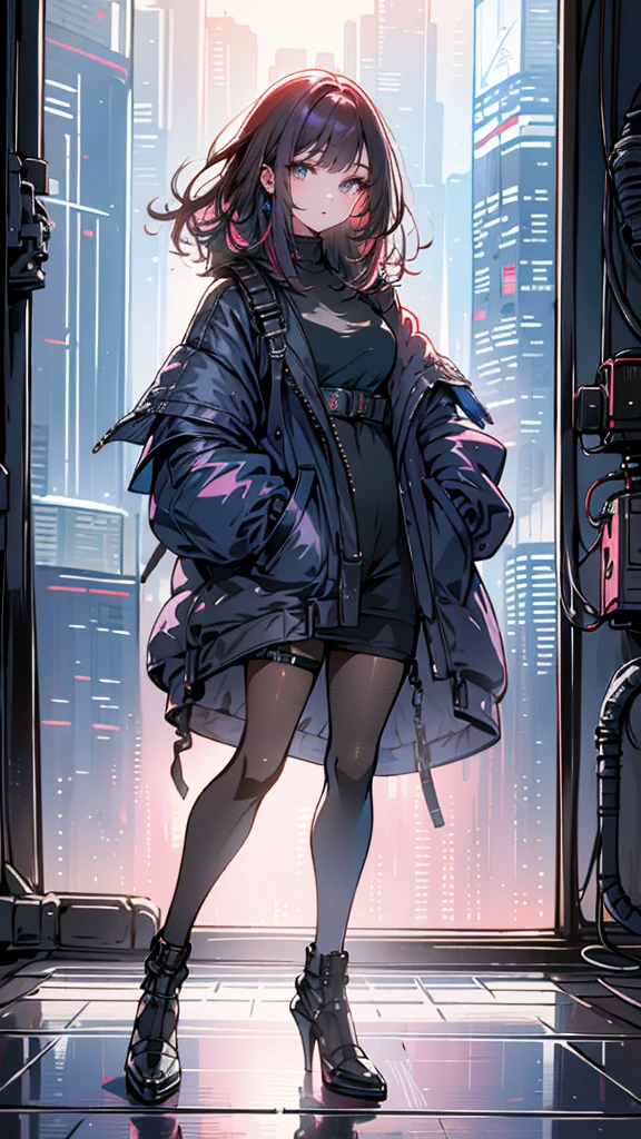 1girl, redhead, blue eyes, cyberpunk armor, hand in pocket, black heels, pink crystal background, best quality, 4k, 8k, highres, masterpiece:1.2, ultra-detailed, realistic, photorealistic, photo-realistic:1.37, HDR, UHD, studio lighting, ultra-fine painting, sharp focus, physically-based rendering, extreme detail description, professional, vivid colors, bokeh, concept art