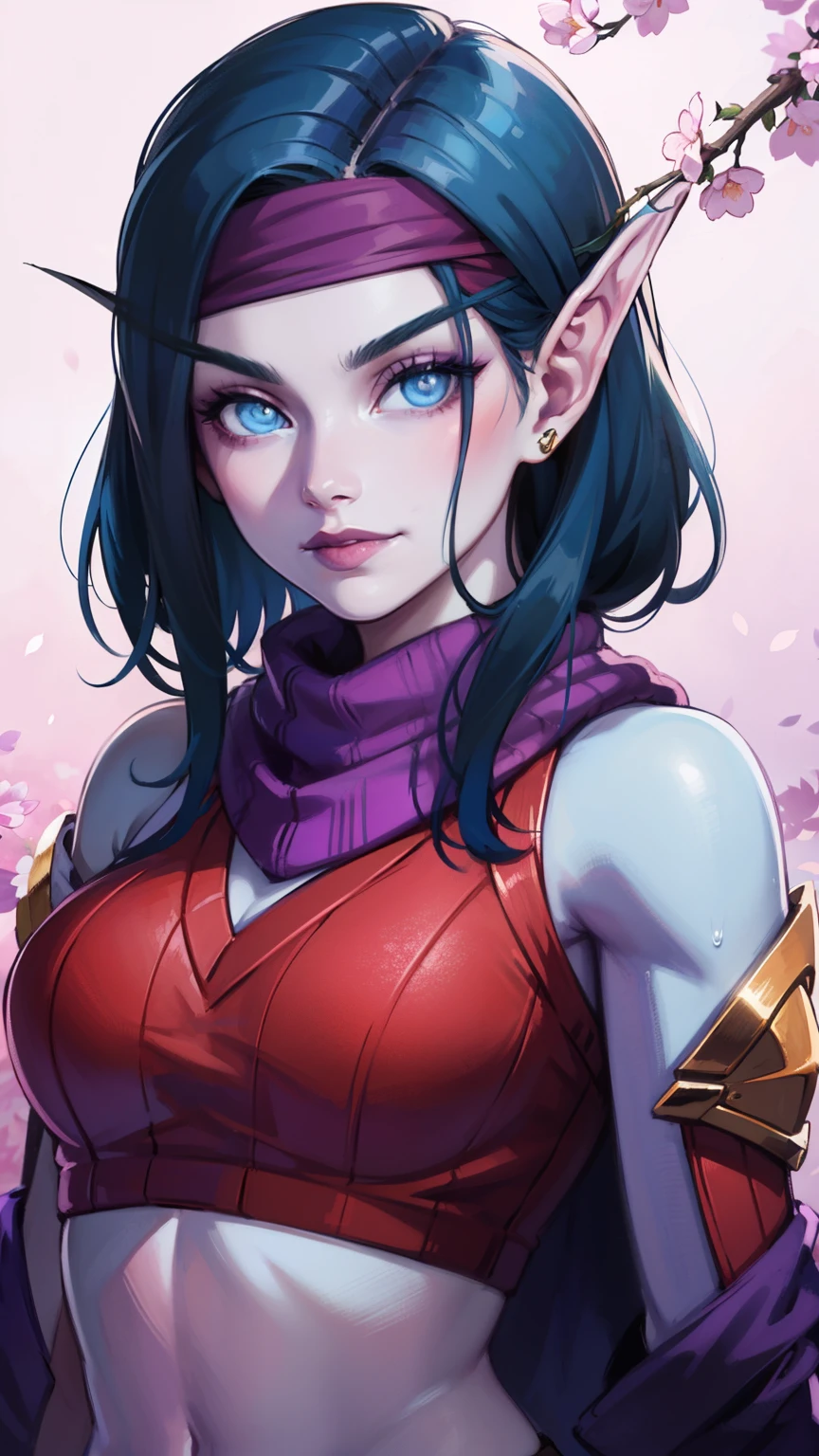(8K, RAWphotograph, highest quality, masterpiece:1.2), High resolution, Super detailed, intricate details, disorganized, masterpiece, break , beautiful detailed woman, beautifully detailed mouth, highly detailed eyes and face, beautiful and fine eyes, 20 years old girl, (1girl, blue hair, short hair, spiral eyes, smirk, lustful eye, purple lip, licking lips, Tounge out) (digital) (standing) (upper body) (looking at viewer), (Purple cherry blossom background), (ninja headband) (purple scarf) (purple sweater) (purple sweat pants) (beltless) (purple Ninja outfit)) , best quality, blue eyes, pointy ears, colored skin, blue skin, cover shoulder, sleeves, gloves, Purple clothes, semi crop top, voidelf