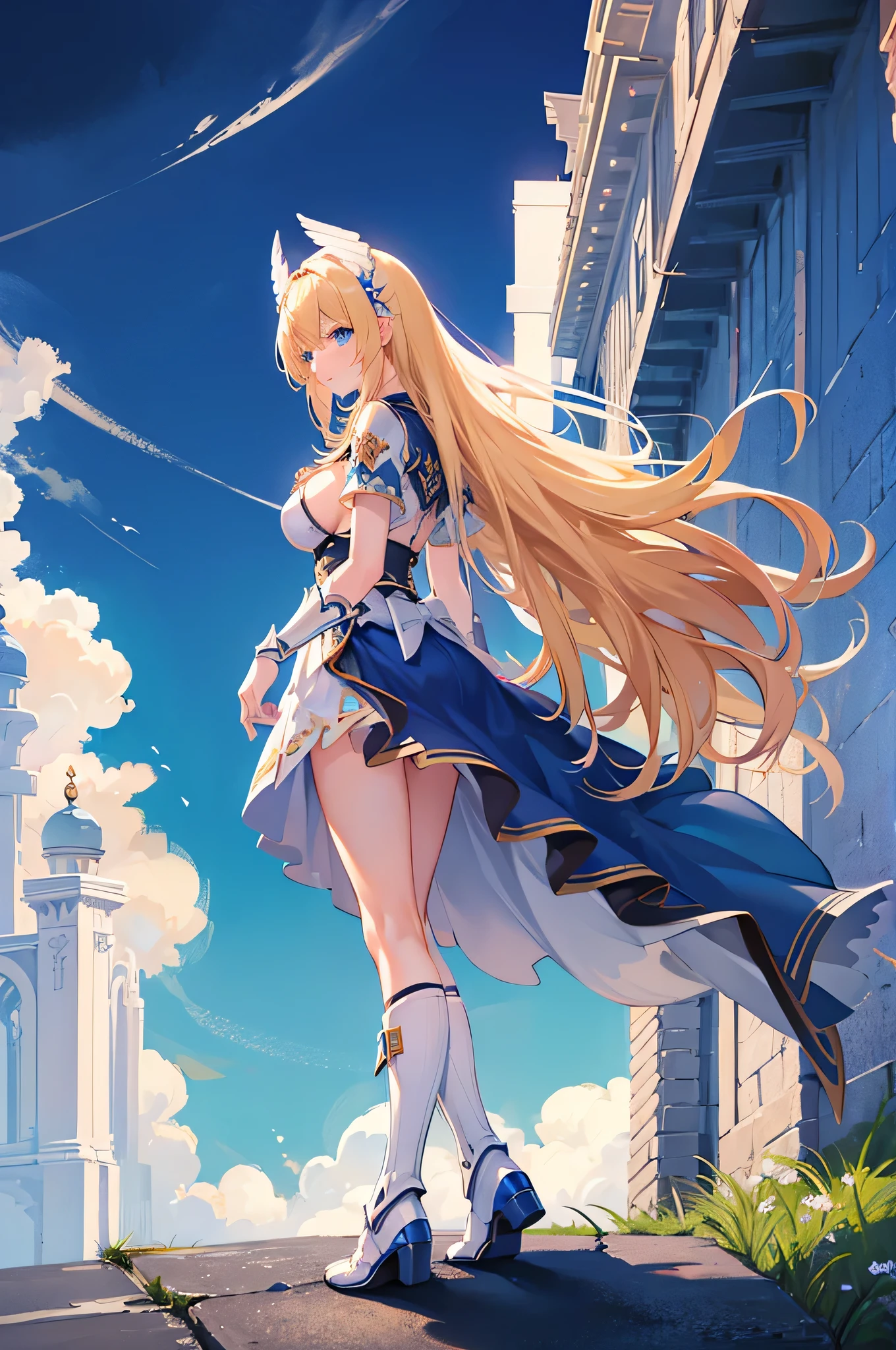 4K,High resolution,One Woman,Blonde,Long Hair,Blue Eyes,Big Breasts,Valkyrie,White sacred armor,Winged headgear,Blue boots,Jewelry decoration,Excalibur,Temple in the Sky