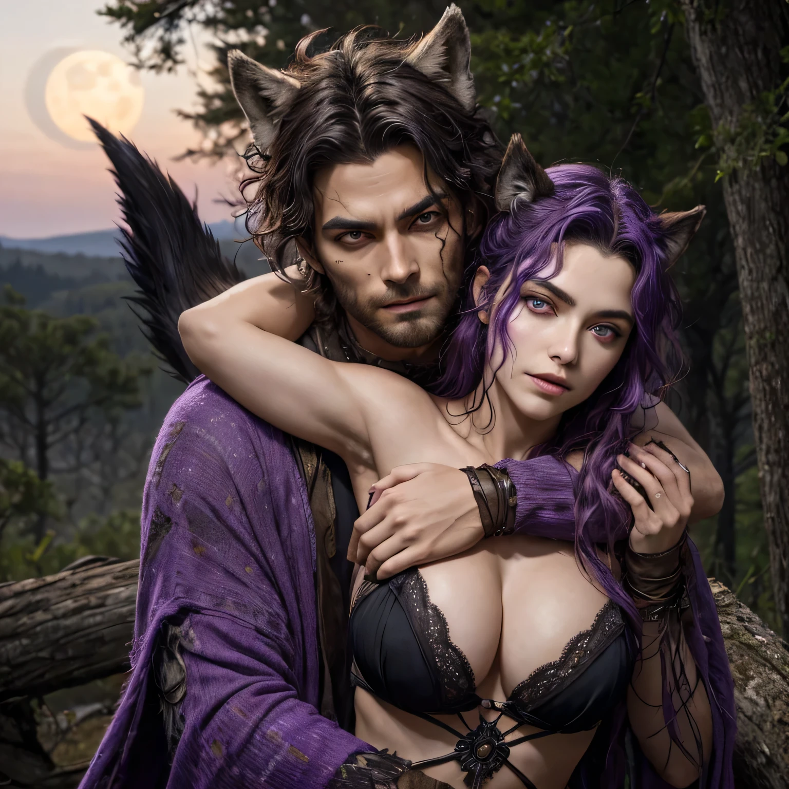 ((purple mist)), an ancient Greek huntress who commands a pack of wolves and ravens, with disheveled wild hair, burning wild eyes and a painted face. She is gently hugged by a werewolf male wolf, his eyes are burning with red fire, the ears of the wolf are moving on top of his head, the fur stands on end. Forest on the background of moonlight. Deep, rich colors and intricate details. Karn Griffiths and Charles Wess