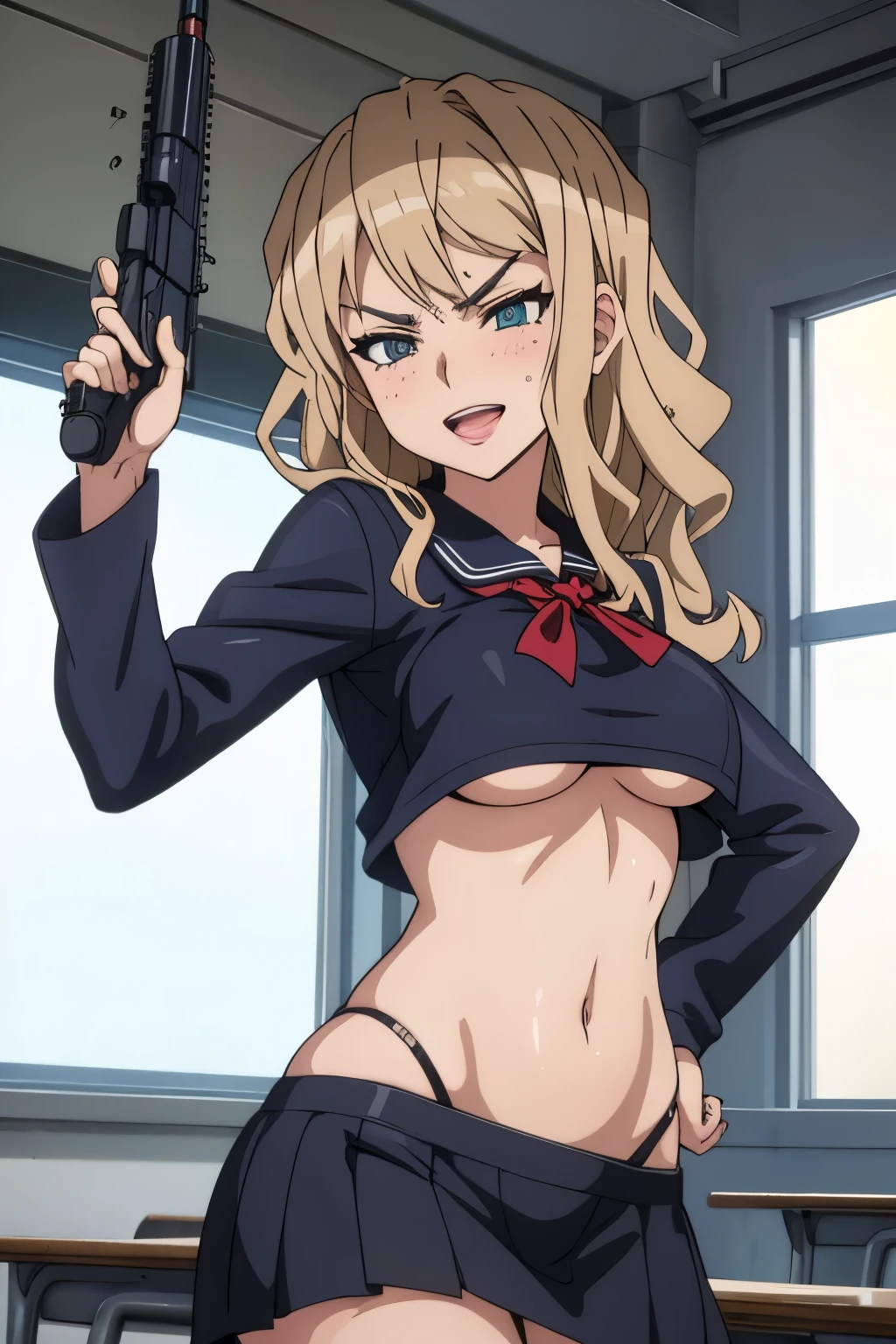 siren_triagex, solo, 1girl, blonde_hair, long_hair, wavy_hair, blush, lipstick, Hot girl, baddie, staring, glaring, bad attitude, mean girl, dare, angry, hate, crazy, smoking, sensual, attractive, blush, lipstick,  masterpiece, best quality, highly detailed, a anime girls in sailor uniforms with a gun posing for a picture,
evil smile, smile, open mouth,black_serafuku, ecchi anime style, anime girls , (nsfw) not safe for work,
ecchi style, ecchi, shipgirls, digital anime art!!, high school girls, holding a gun, hold a gun, anime style 4
k, micro skirt, exposed belly, exposed navel, exposed midriff, holding pistol,underboob,
exposed lower belly,school, classroom