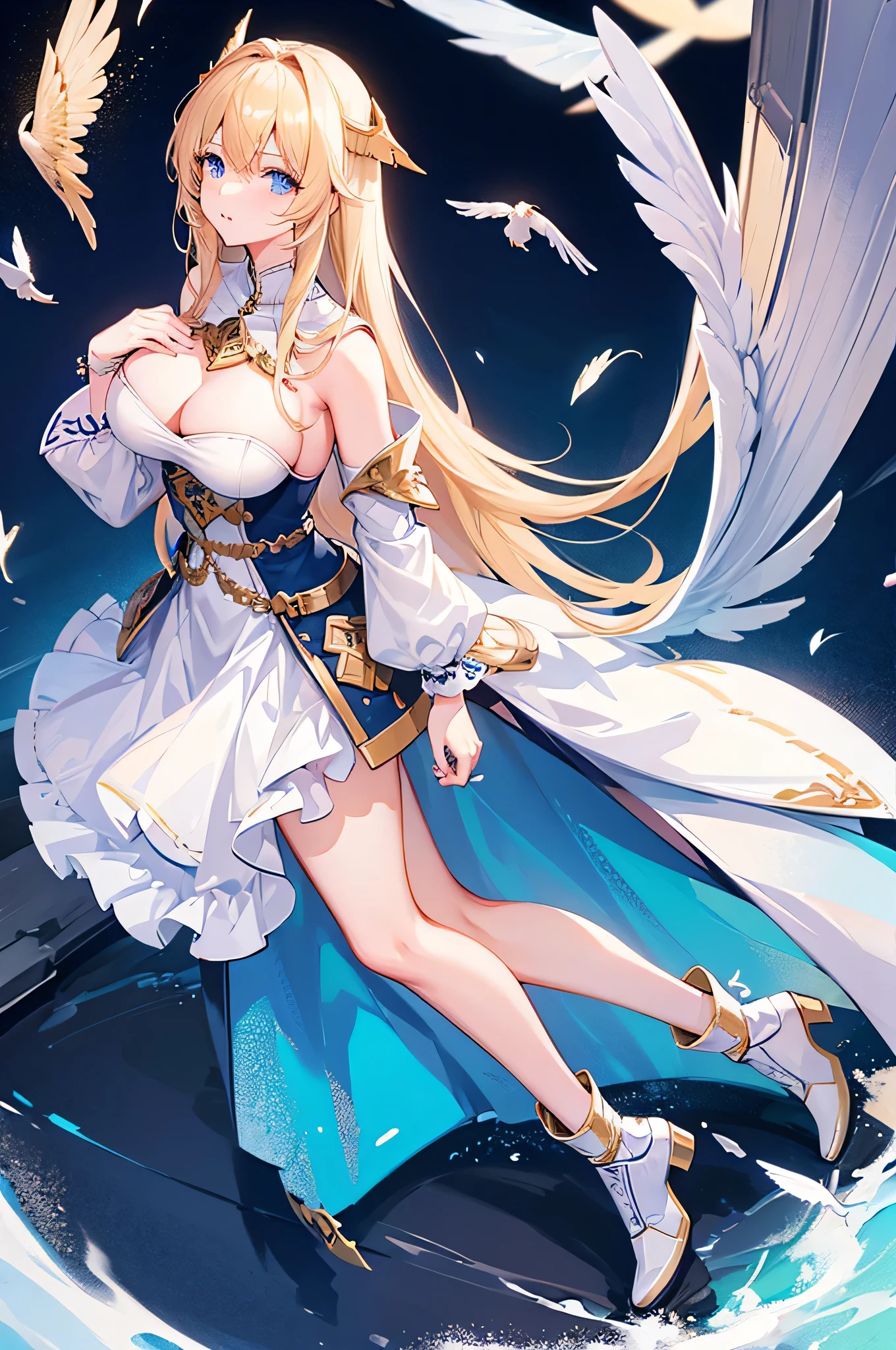 4K,High resolution,One Woman,Blonde,Long Hair,Blue Eyes,Big Breasts,Valkyrie,White sacred armor,Winged headgear,Blue boots,Jewelry decoration,Excalibur,Temple in the Sky