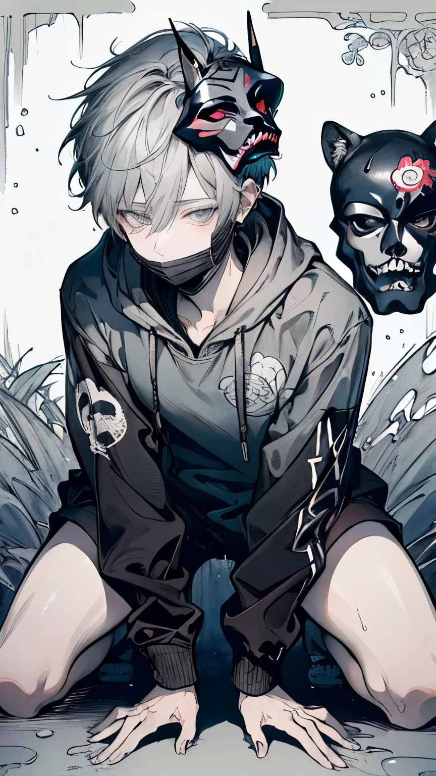 Beautiful young man, darkblue-haired, ((Gray eyes)),(short wave hair:1.2), (Black mask:1.2), White hoodie,clear wear,High quality, amount of drawing, pixiv illustration,(animal sticker:1.2),(NSFW:1.4),((spread legs:1.1)),((crawl on all fours:1.3)),(うつ伏せ:1.25),((尻を高く上げる:1.15)).