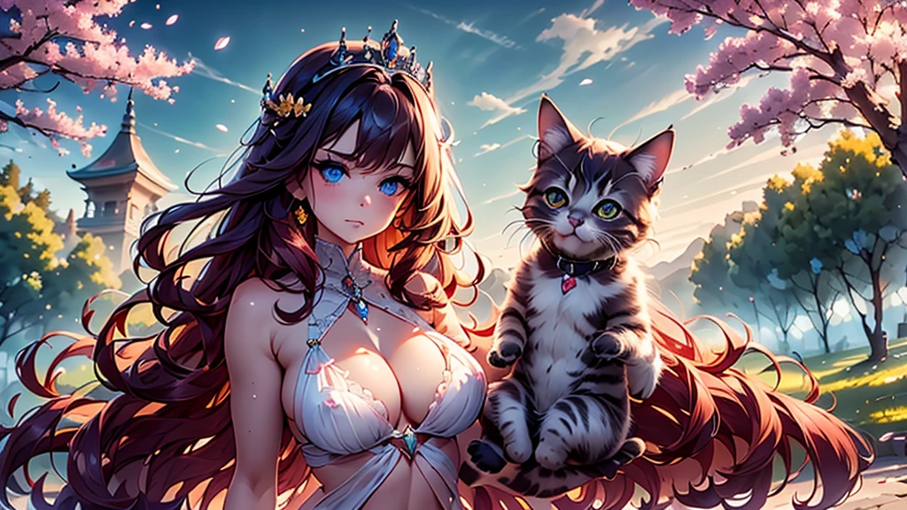 a small kitten with light pink fur and a furry tail wearing a tiara of golden flowers amidst cherry blossoms