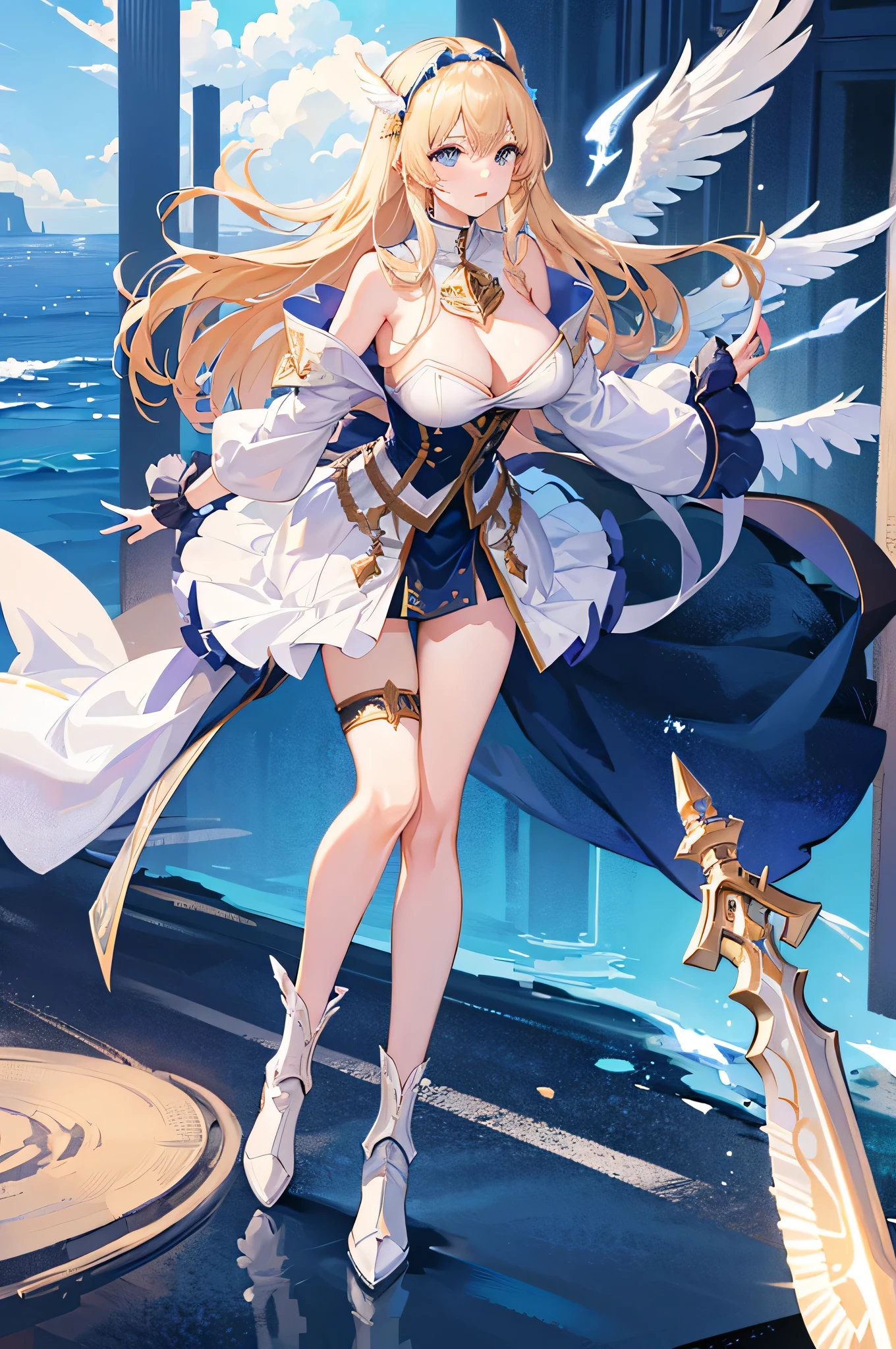 4K,High resolution,One Woman,Blonde,Long Hair,Blue Eyes,Big Breasts,Valkyrie,White sacred armor,Winged headgear,Blue boots,Jewelry decoration,Excalibur,Temple in the Sky