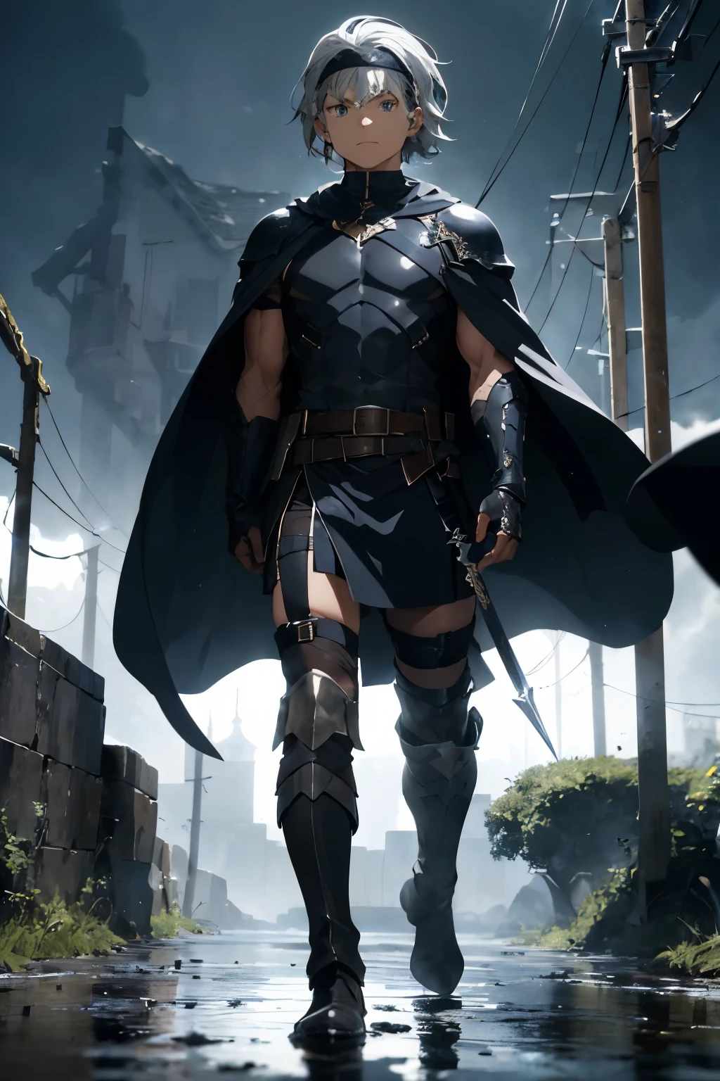 Aidan wears light, dark leather armor with silver accents that symbolize lightning and storms.. Armor is tuned to facilitate rapid movement and agility in combat. He wears a dark blue cape with an inner lining that appears to reflect a miniature storm.. His accessories include a belt with a sheathed magical sword., that shines with a golden hue, and reinforced leather boots for strength and comfort. Aidan also wears a headband that symbolizes his lineage and courage..