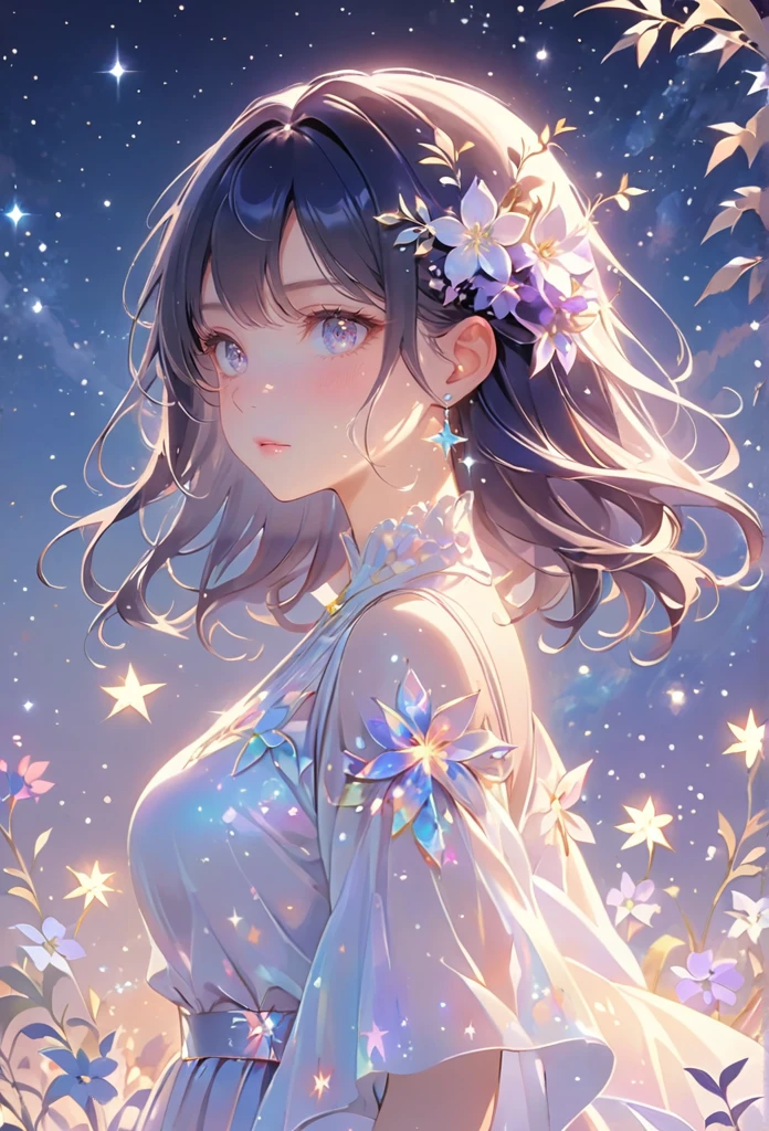 A girl standing alone under the starry night sky, with her silhouette illuminated by the soft moonlight and twinkling stars. Her face is beautifully detailed, with mesmerizing eyes that seem to reflect the universe itself, long and fluttering eyelashes, and exquisitely defined lips. She has very very long dark navy hair that shimmers like the starry sky and is dressed in an elegant gown, flowing and ethereal, embracing her figure gracefully as it glimmers with a subtle celestial glow. The intricate details of her dress catch the faint starlight, creating a mesmerizing sparkle. The surrounding landscape showcases a serene garden, lush with vibrant foliage and colorful flowers. The air is filled with a gentle breeze, causing the leaves to rustle and the flowers to sway delicately. The garden is bathed in a dreamy color palette, with hues of deep blues, purples, and hints of silver. The atmosphere is calm and tranquil, evoking a sense of peace and serenity. The artwork is of the highest quality, meticulously created with ultra-detailed brushstrokes and precise attention to every element. The texture and depth of the painting are breathtaking, with a sense of realism and photorealism that captures the awe-inspiring beauty of the night sky. The lighting is soft and diffused, casting a gentle glow over the entire scene, enhancing the magical ambiance. The girl's presence radiates a sense of mystery and wonder, as if she holds a secret connected to the celestial beings above. The overall composition evokes a feeling of timelessness and captures the essence of a StarSign, an artwork that embodies the celestial beauty and inner strength of a girl in harmony with the stars. Ai-generated 