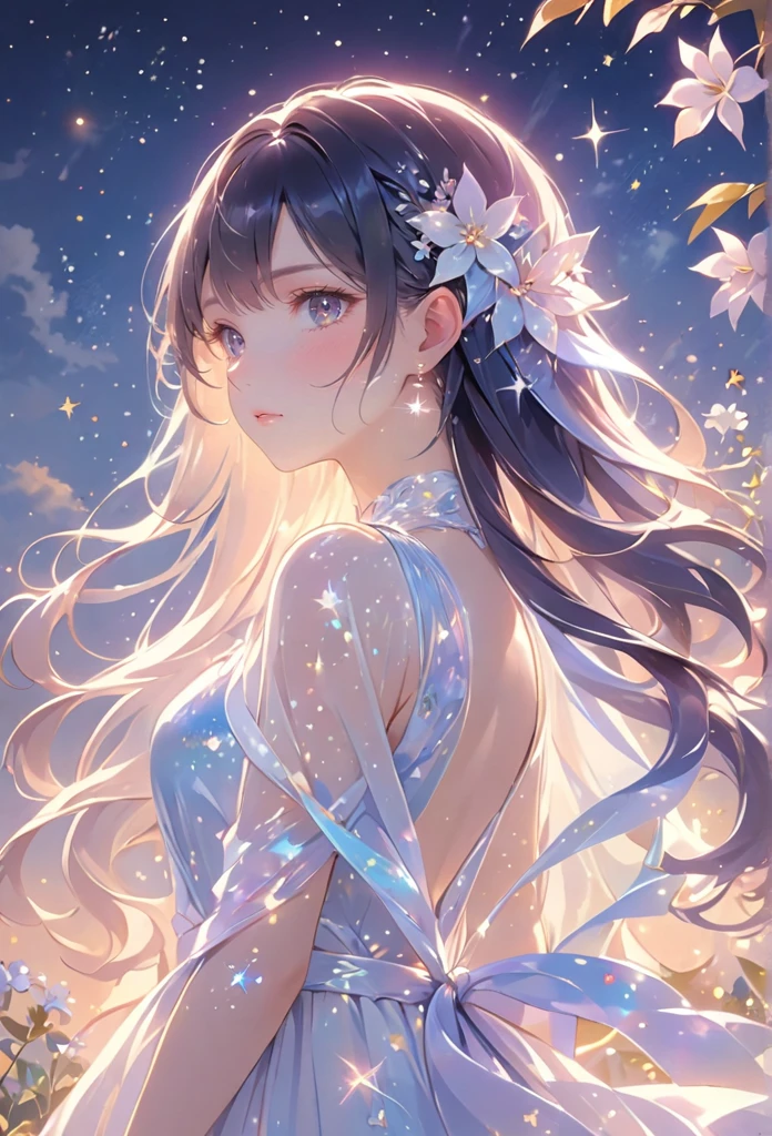 A girl standing alone under the starry night sky, with her silhouette illuminated by the soft moonlight and twinkling stars. Her face is beautifully detailed, with mesmerizing eyes that seem to reflect the universe itself, long and fluttering eyelashes, and exquisitely defined lips. She has very very long dark navy hair that shimmers like the starry sky and is dressed in an elegant gown, flowing and ethereal, embracing her figure gracefully as it glimmers with a subtle celestial glow. The intricate details of her dress catch the faint starlight, creating a mesmerizing sparkle. The surrounding landscape showcases a serene garden, lush with vibrant foliage and colorful flowers. The air is filled with a gentle breeze, causing the leaves to rustle and the flowers to sway delicately. The garden is bathed in a dreamy color palette, with hues of deep blues, purples, and hints of silver. The atmosphere is calm and tranquil, evoking a sense of peace and serenity. The artwork is of the highest quality, meticulously created with ultra-detailed brushstrokes and precise attention to every element. The texture and depth of the painting are breathtaking, with a sense of realism and photorealism that captures the awe-inspiring beauty of the night sky. The lighting is soft and diffused, casting a gentle glow over the entire scene, enhancing the magical ambiance. The girl's presence radiates a sense of mystery and wonder, as if she holds a secret connected to the celestial beings above. The overall composition evokes a feeling of timelessness and captures the essence of a StarSign, an artwork that embodies the celestial beauty and inner strength of a girl in harmony with the stars. Ai-generated 